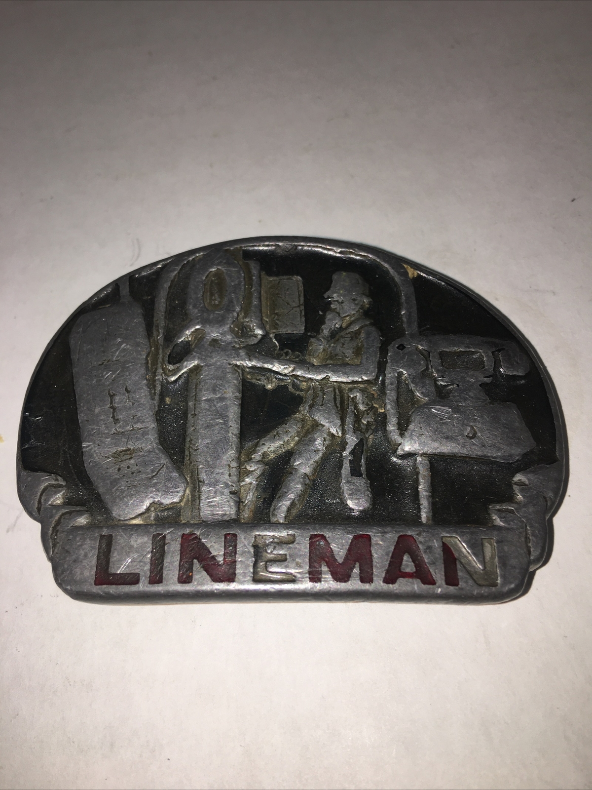 Vtg 80s Great American Belt Buckle Telephone Lineman Pewter 1983 C&J Inc