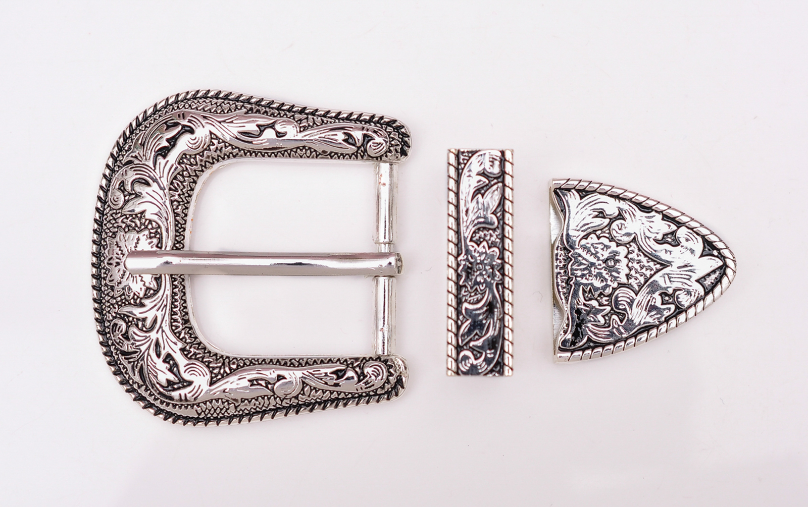 Antique Silver 2-Tone Floral Engraved Belt Pin Buckle Set Fit 30mm Wide Straps
