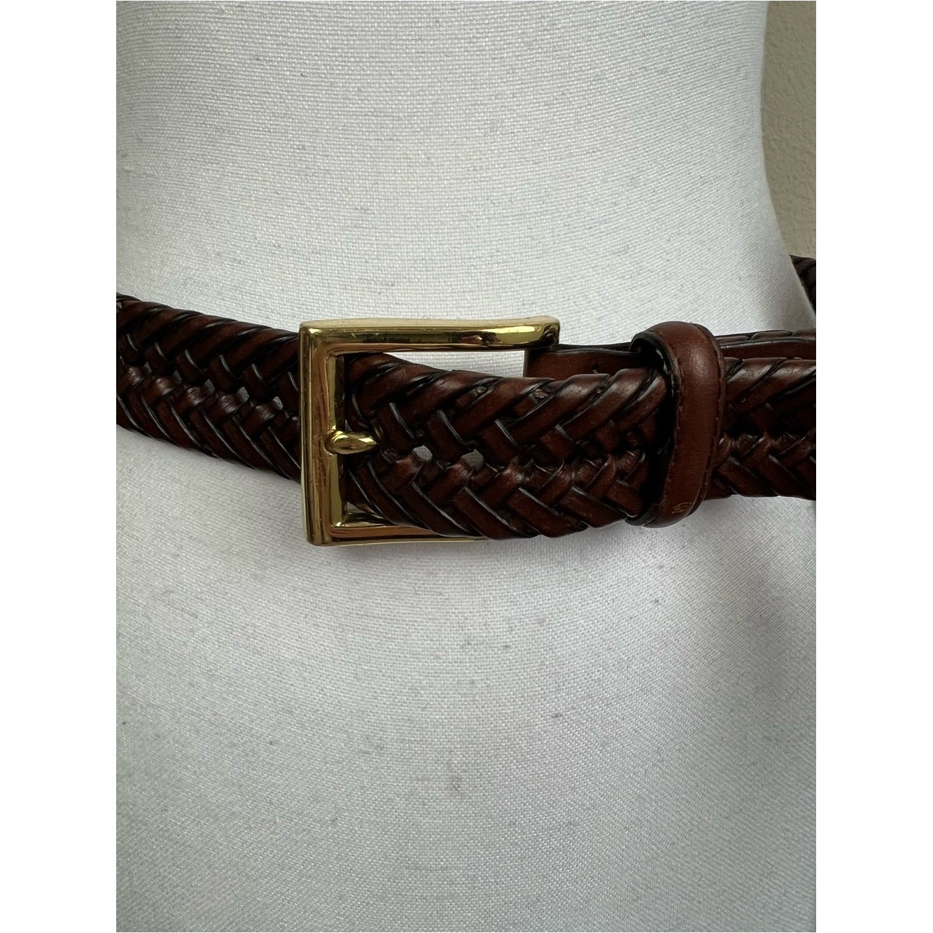 ALD Woven Braided Brown Leather Belt Gold Buckle Preppy Equestrian 48 Old Money