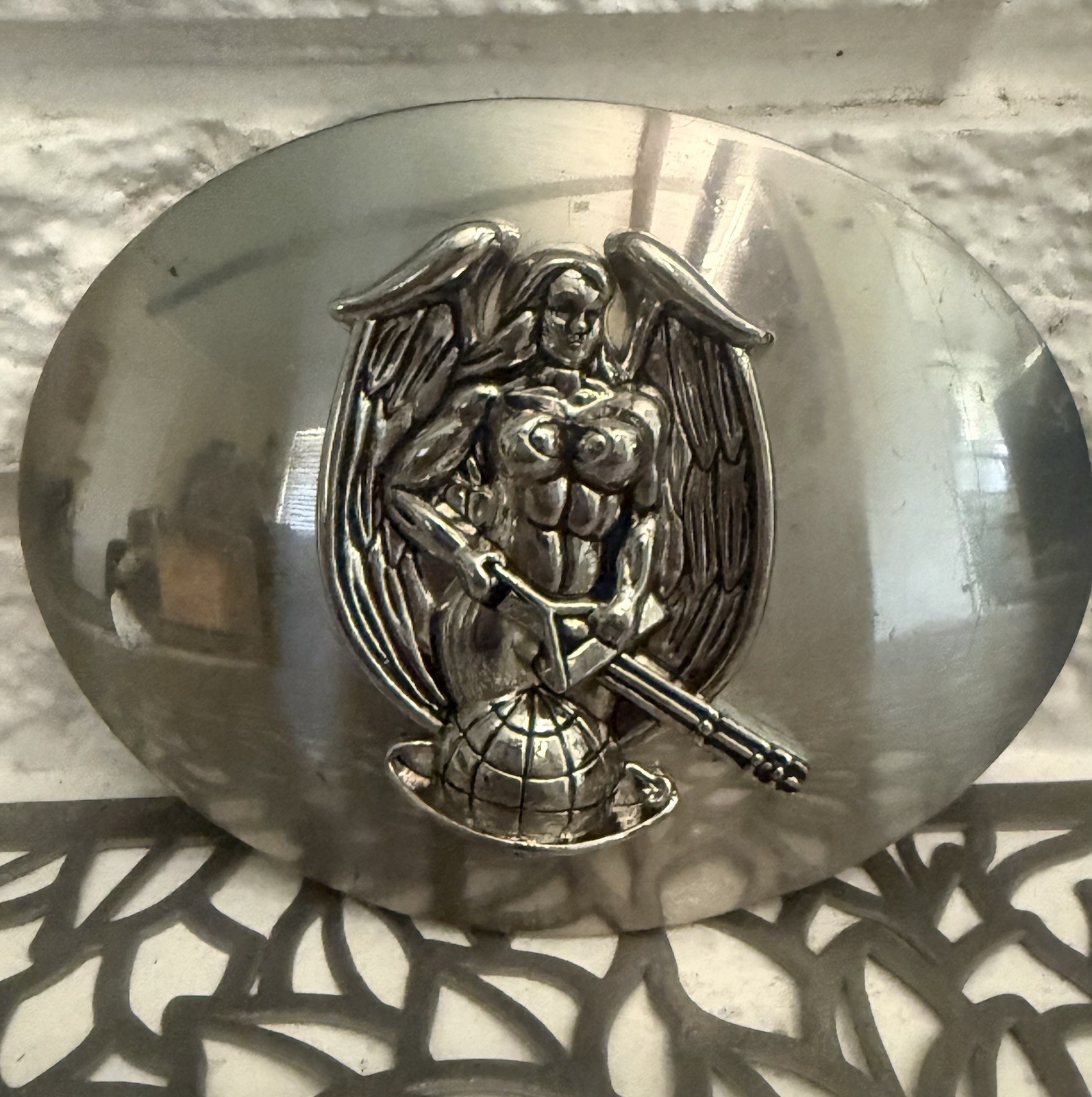 Men&rsquo;s Oval Silver Metal Belt Buckle Angel Military Western Style Fits 1.5in