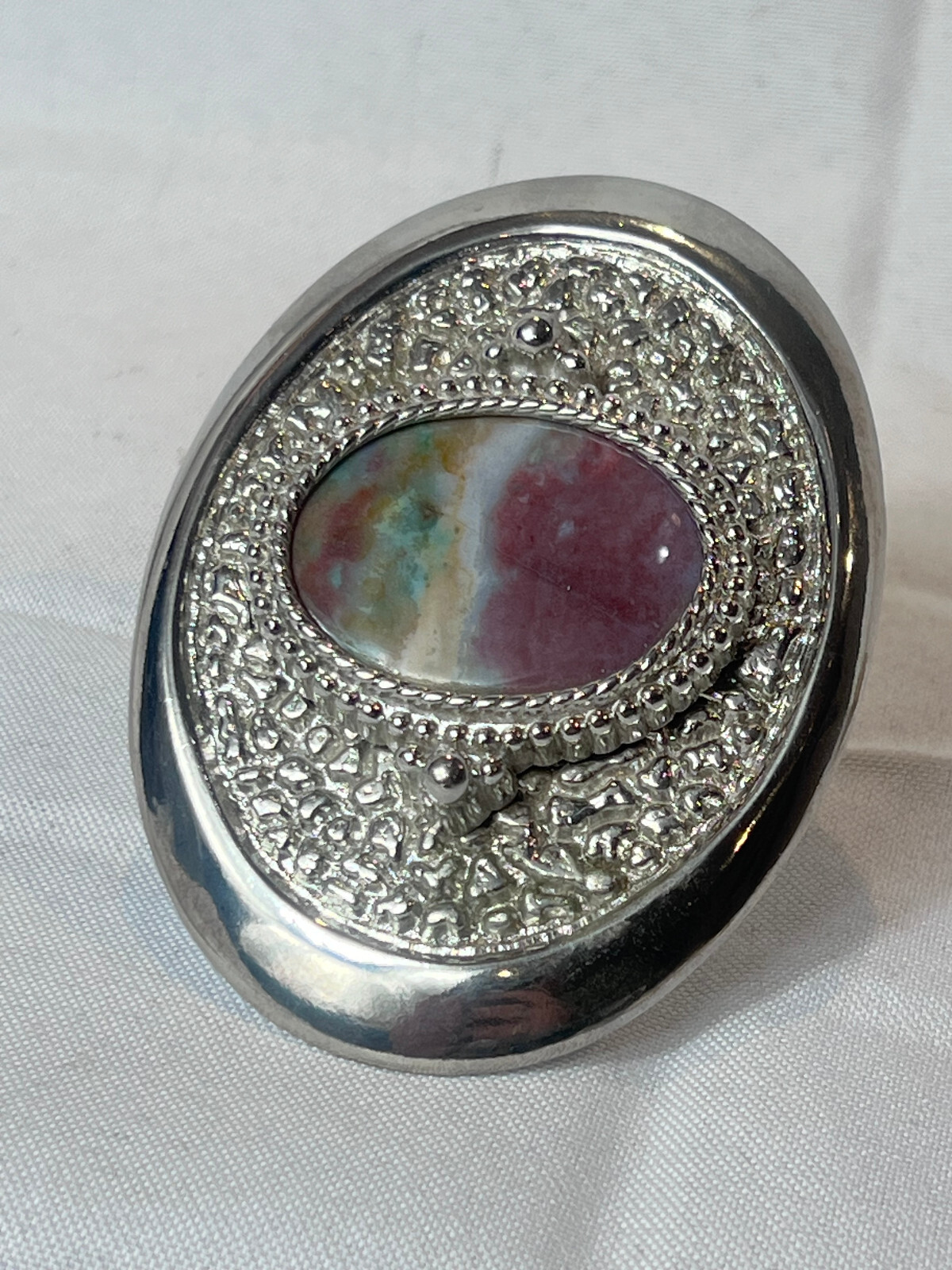 Vtg Western Style Belt Buckle Silvertone And Polished Flat Multicolor Stone