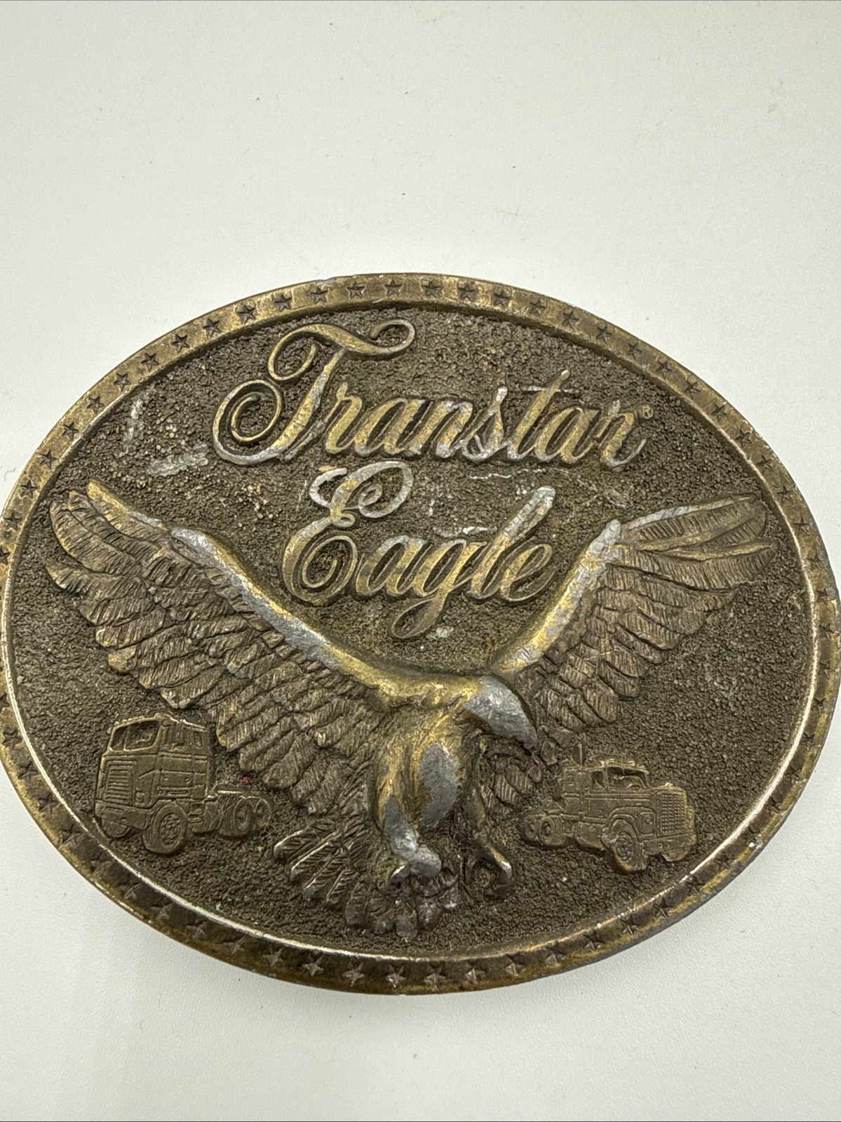 vintage 1970s western TRANSTAR EAGLE belt buckle SEMI-TRUCK cowboy TRUCKER brass