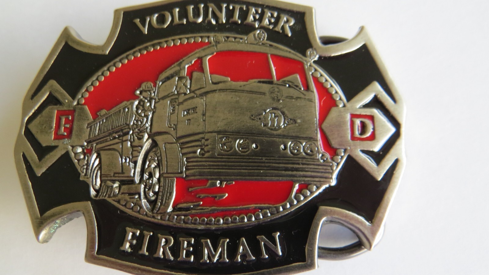 VOLUNTEER FIREMAN Belt Buckle Fire Truck Black Red Enamel F.D.