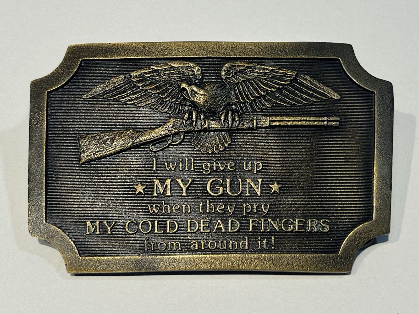 Indiana Metal 1977 Belt Buckle – « I&rsquo;LL GIVE UP MY GUN WHEN…” Charlton Heston NRA