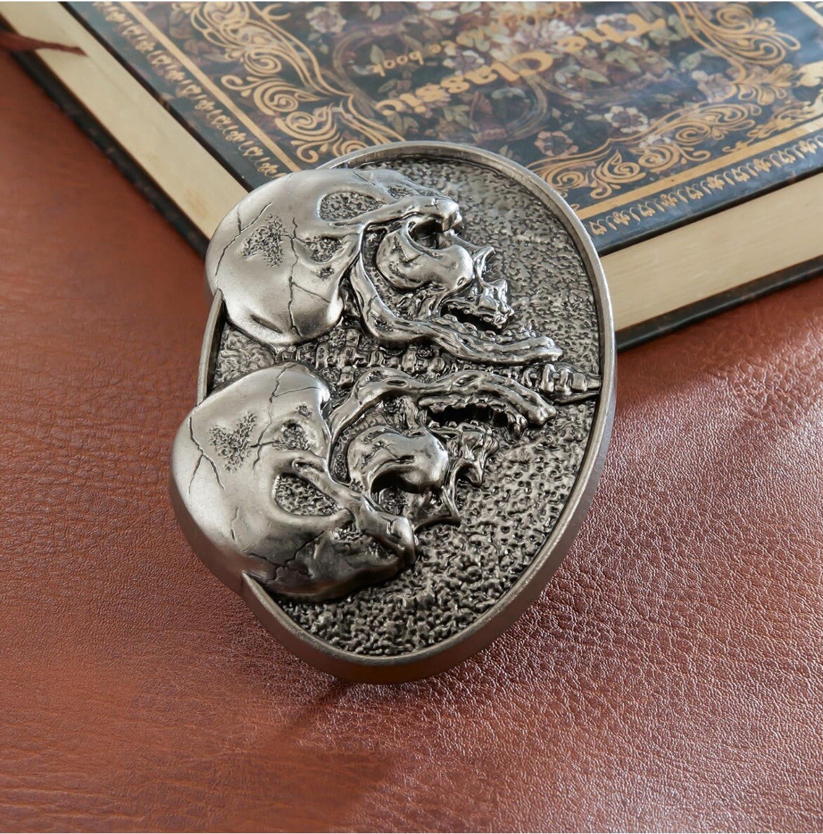 Double Skull Belt Buckle for Men, American Western Cowboy, Punk, Gothic, Silver