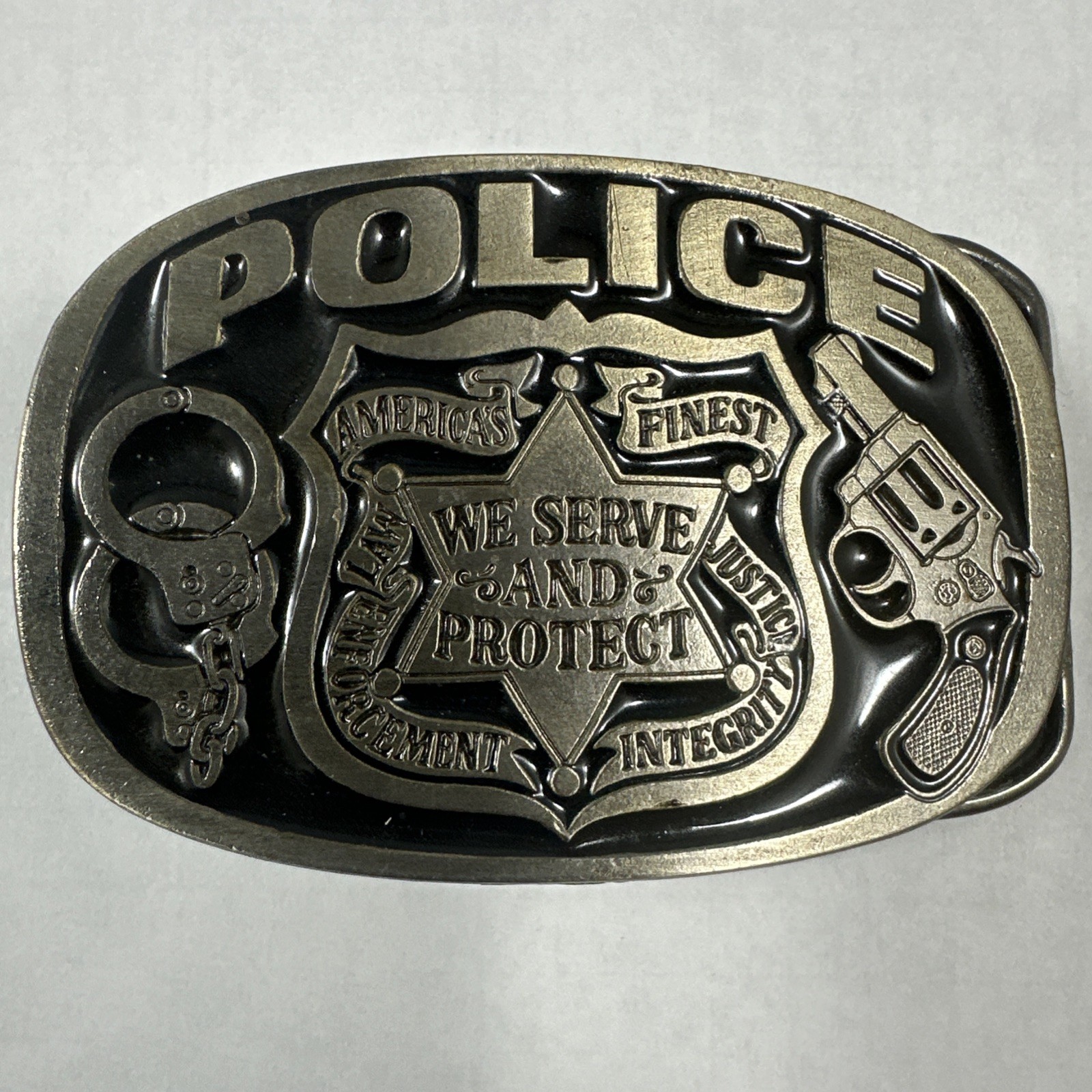 Metal Police Belt Buckle by Buckle Bakery 1988 #1654 Made in USA Serve & Protect