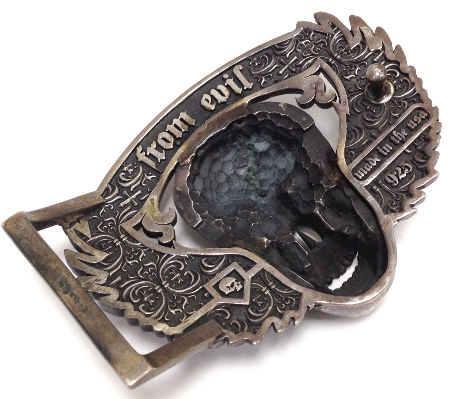 Skull & Wings Deliverance From Evil Belt Buckle Solid Sterling Silver 236.8g