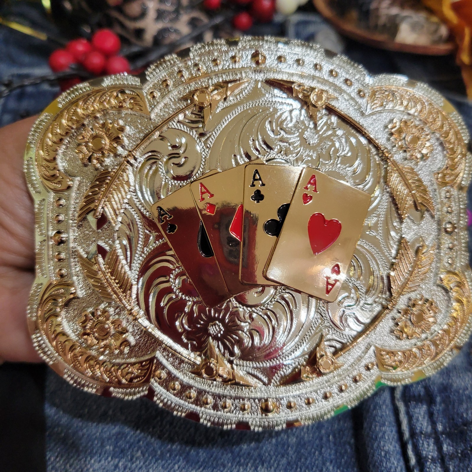 Four Aces Western Belt Buckle Cowboy Fashion Rodeo Jeans Buckle Silver & Roseto