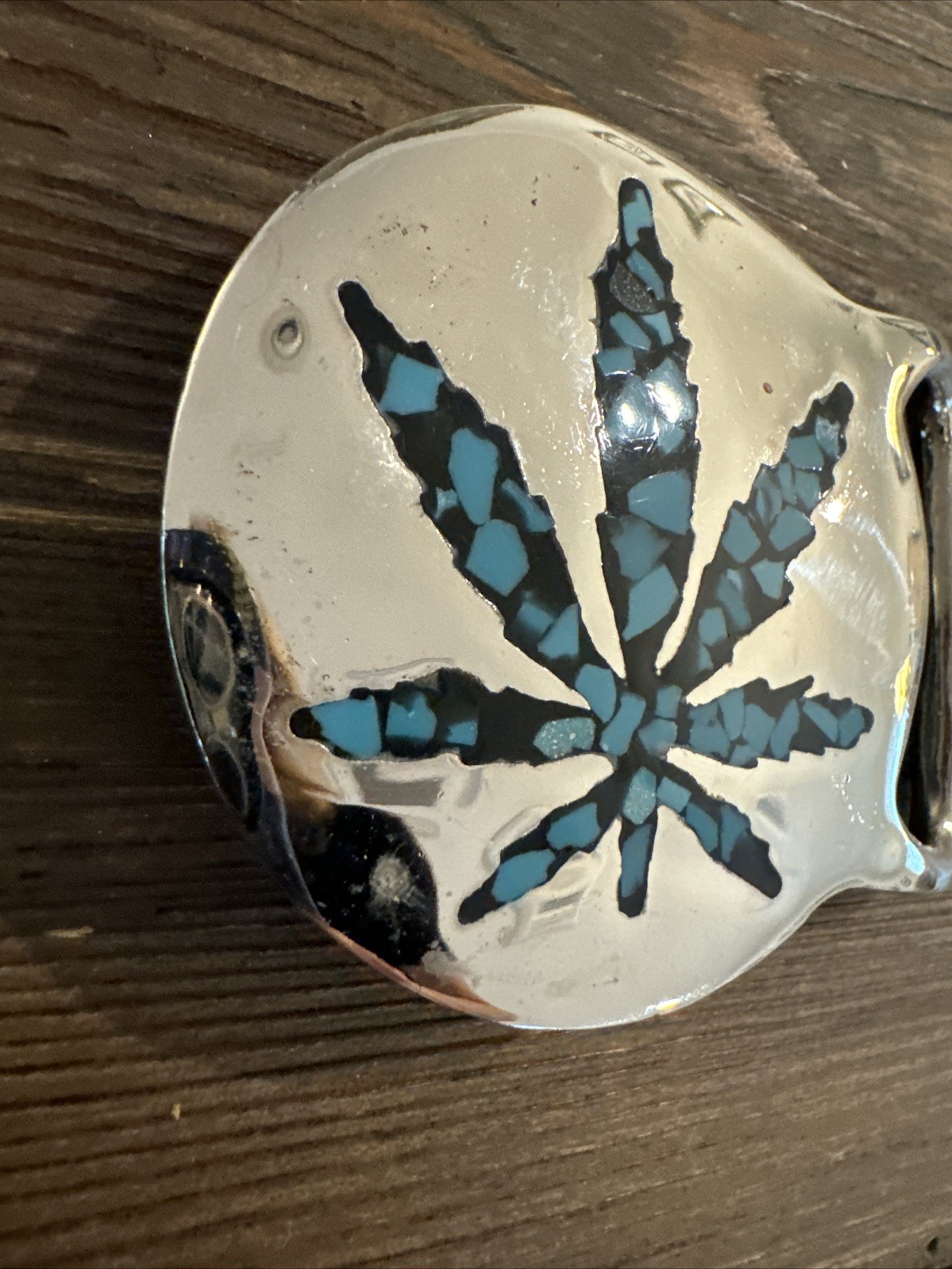 Turquoise Inlay Weed Pewter Belt Buckle Cannabis Pot Leaf Hippie