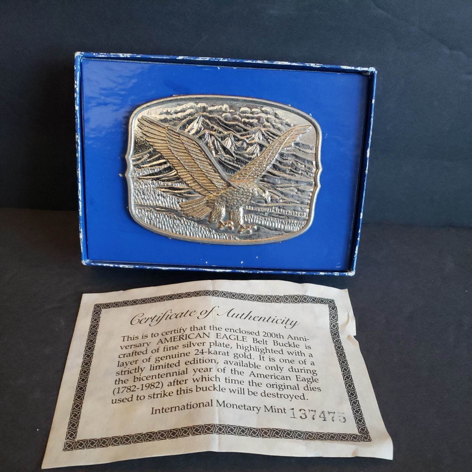 Vntg International Monetary Mint American Eagle Belt Buckle w/Box & Certificate.