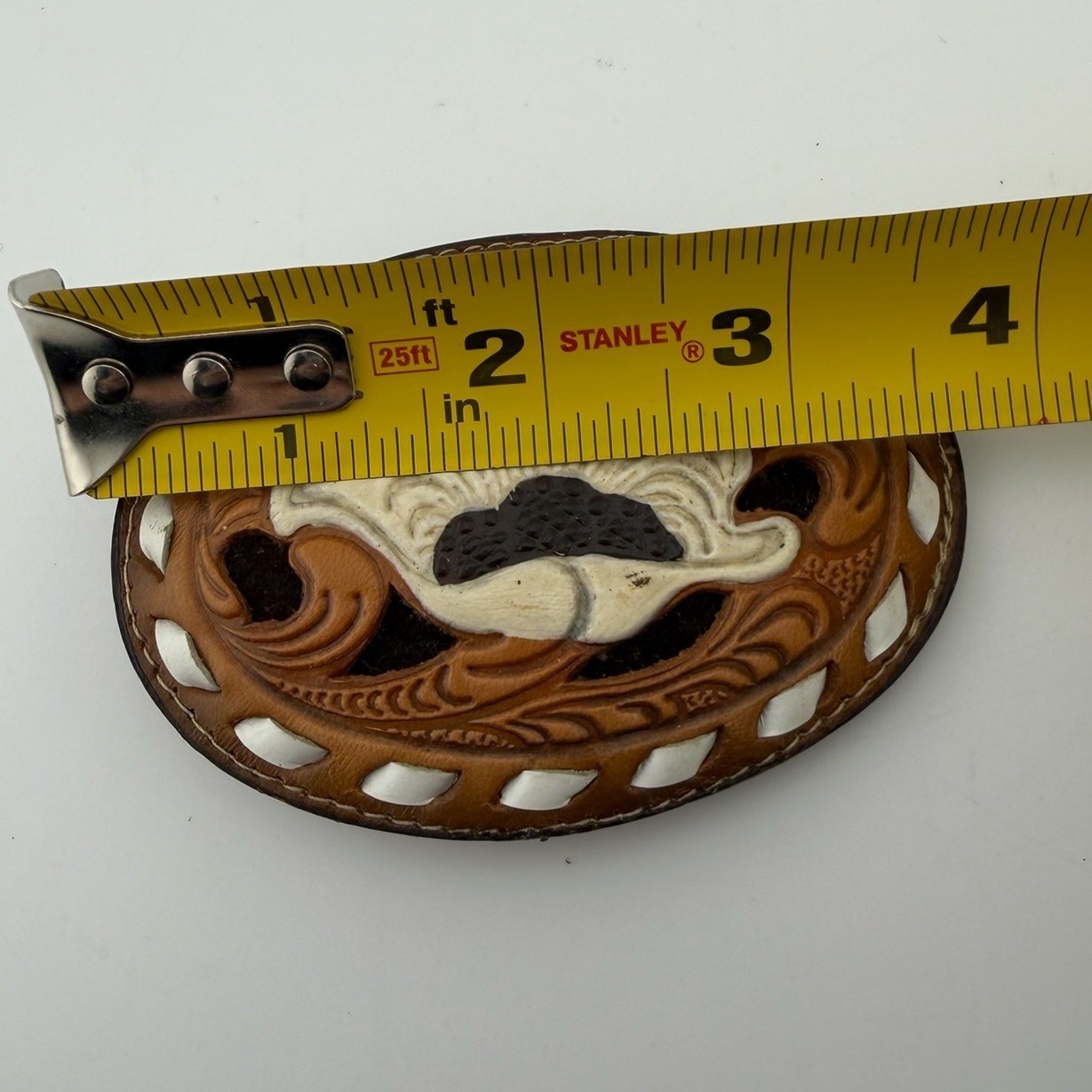 Tony Lama Vintage Tooled Leather Floral Belt Buckle Brown White Made in USA