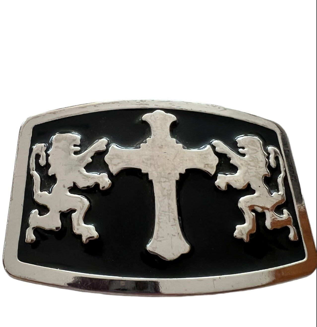 Vintage Mens Belt Buckle – Black Silver With Double Lions and Cross 4×3 Inches