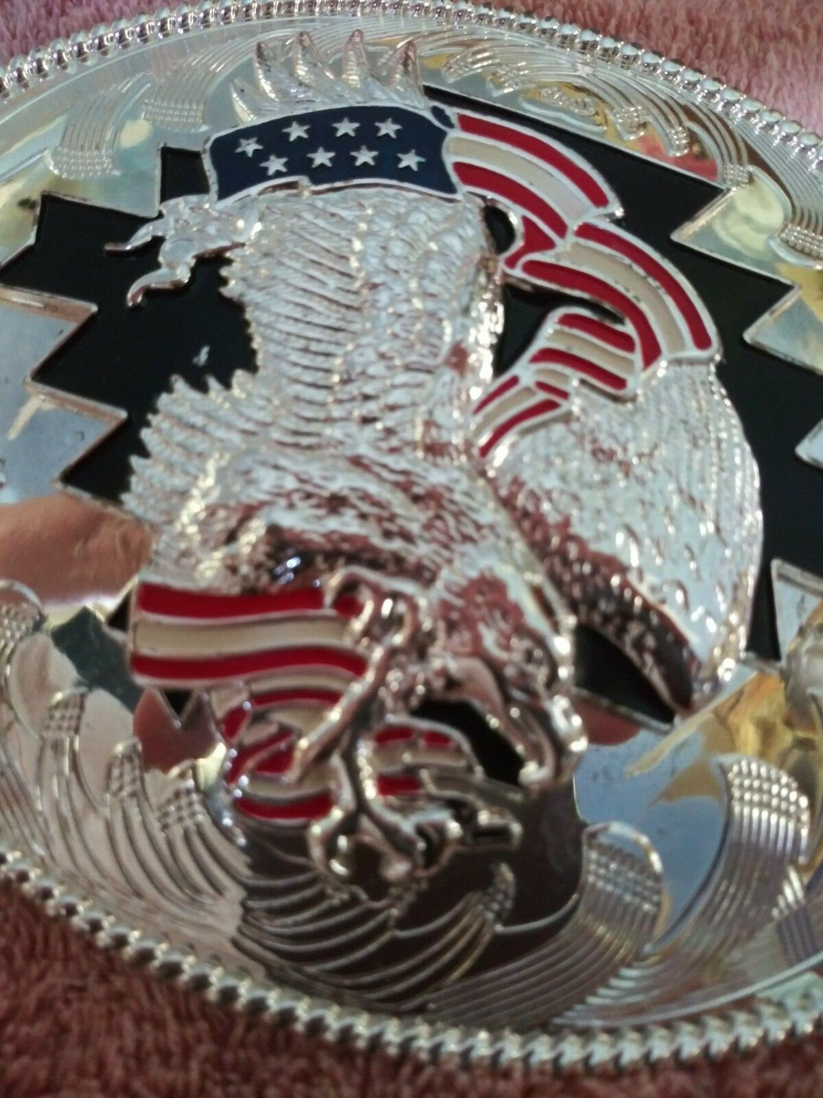 NWOT LARGE SILVER MIRROR STAR RED WHITE BLUE 3D EAGLE BELT BUCKLE 1 1/2&Prime; $65