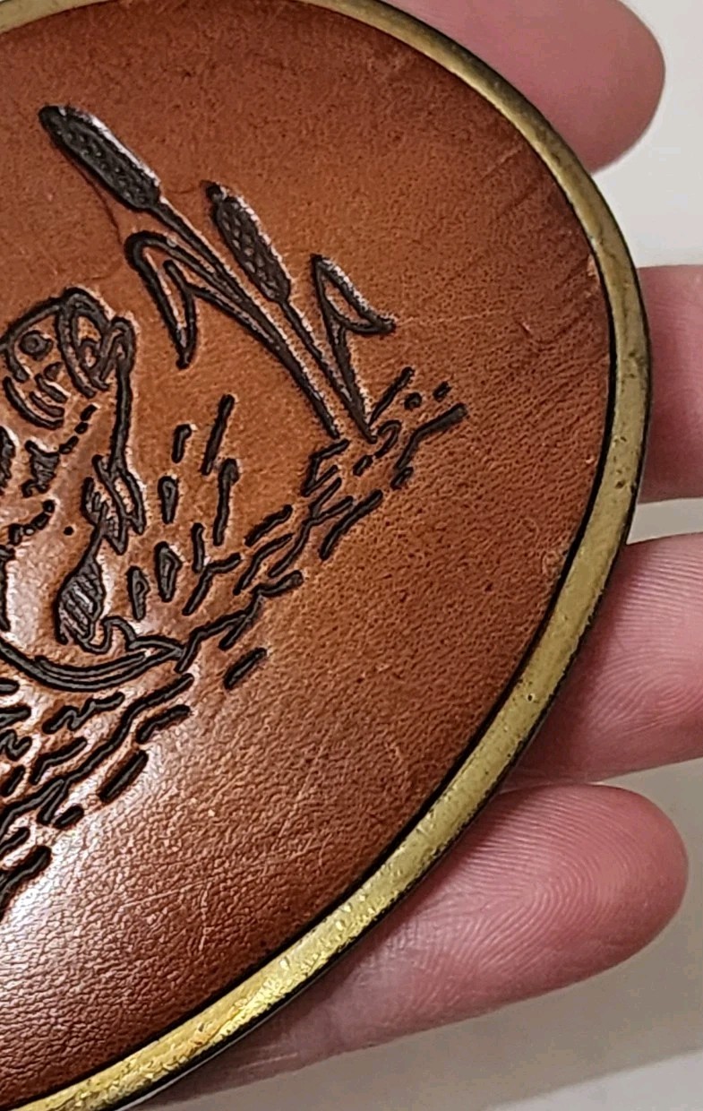 Vintage 70s Fishing Belt Buckle Brass Fish Scene Made USA Western Resin Inlay