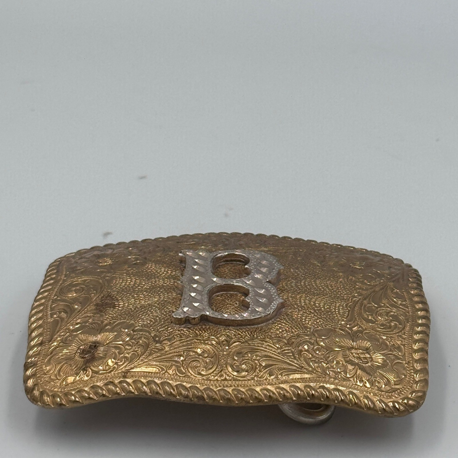 Crumrine El Arturo Bronze Western Belt Buckle Floral Engraved Initial B Vintage