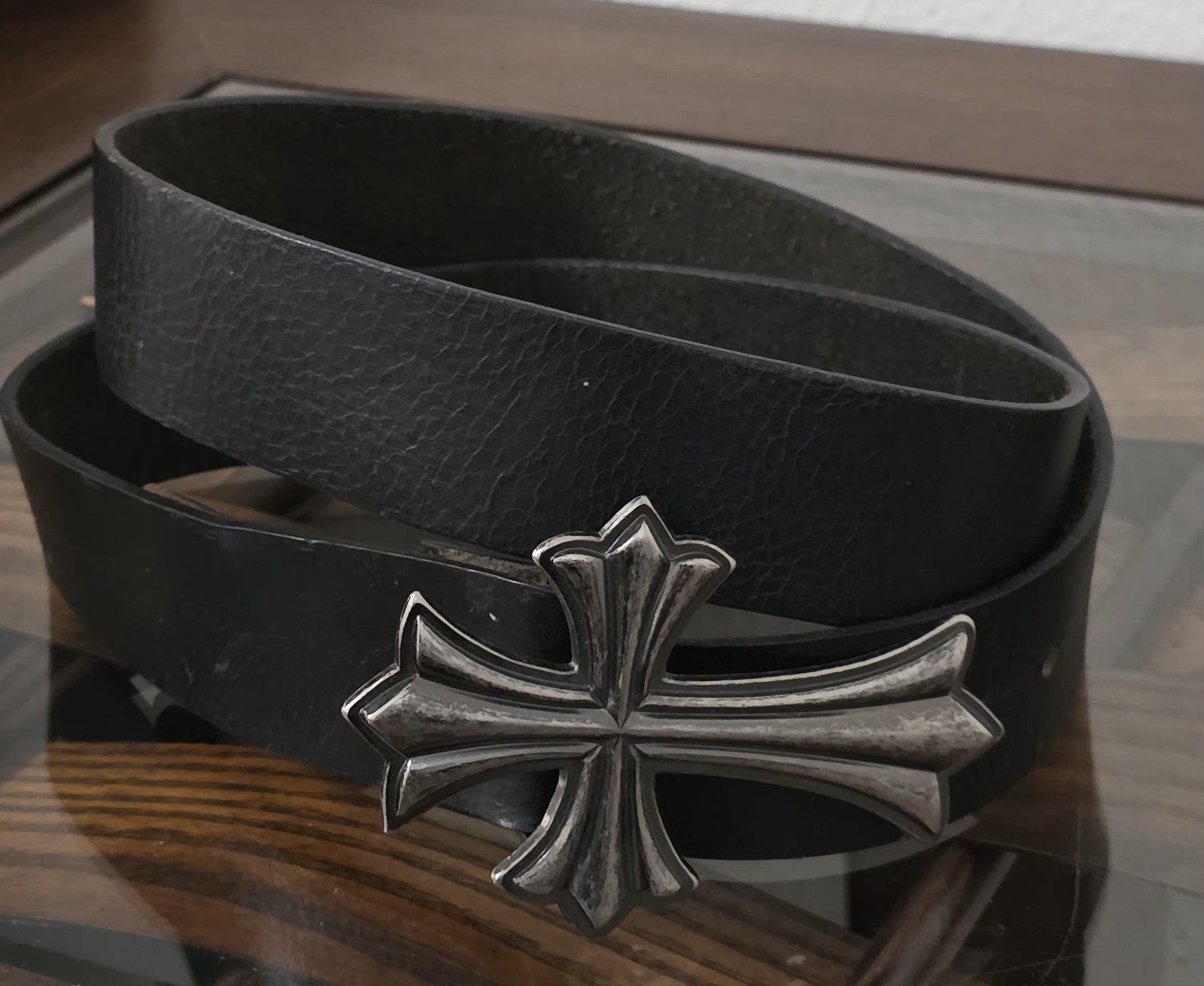 Black Leather Belt Gothic Cross Buckle Biker Rock Punk Western 1.5”