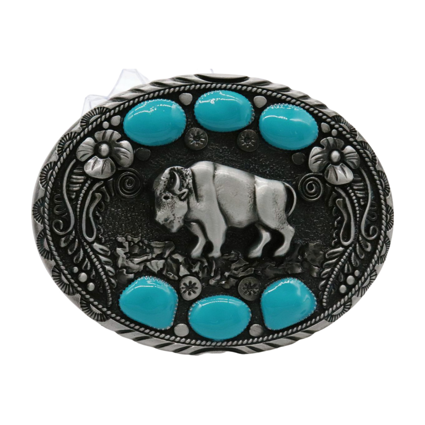 Men Western Belt Buckle Dark Silver Metal Cowboy Bison Buffalo Ox Oval Shape