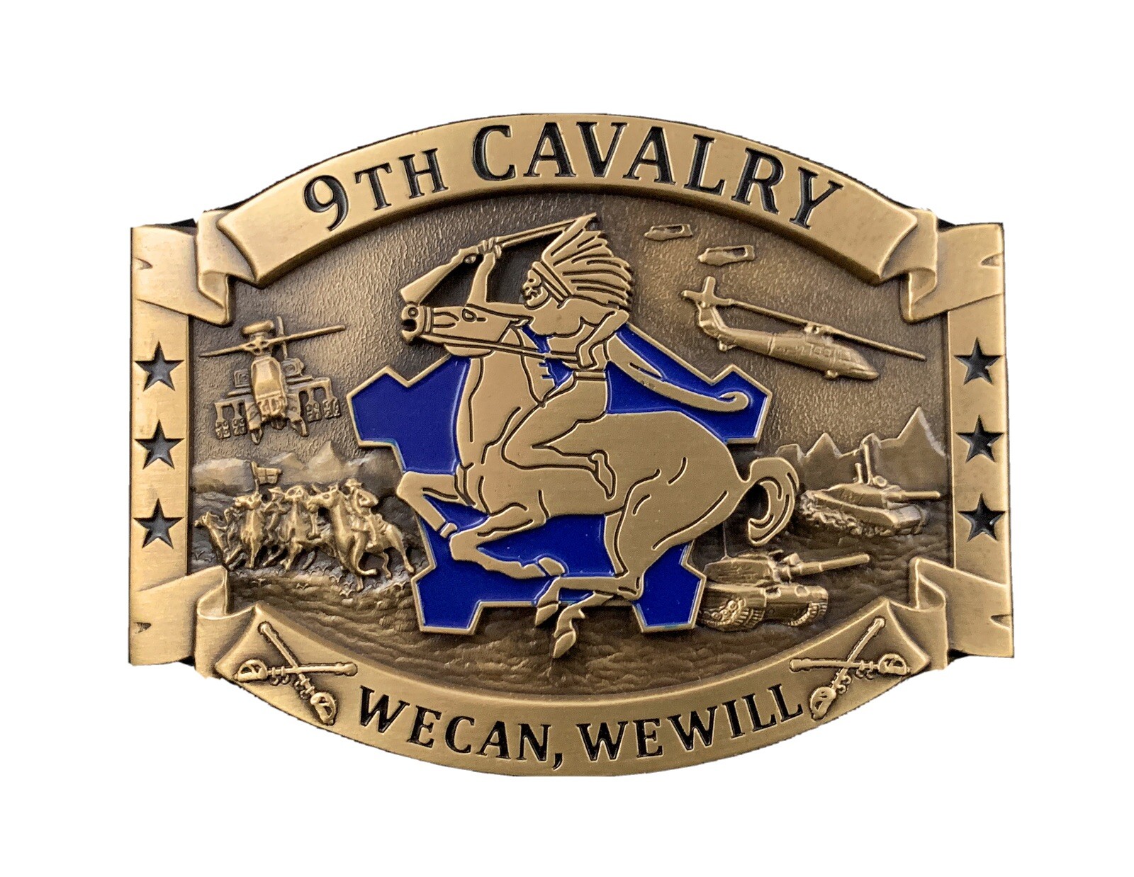 🌟 US Army 9th Cavalry Brass Belt Buckle, We Can We Will Unit Crest DUI Insignia