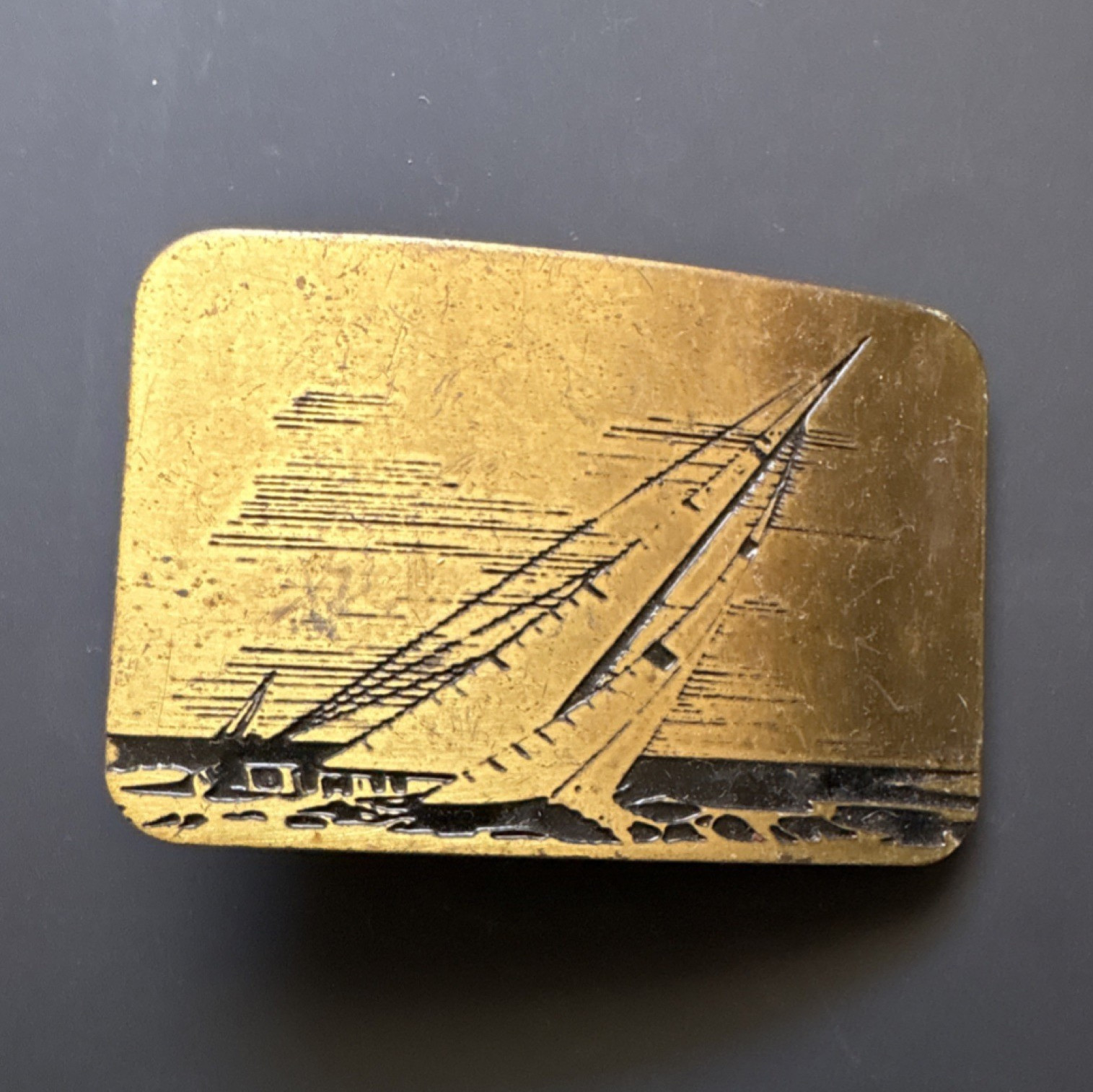 Nautical Sailboat Belt Buckle Gold Tone Metal Rectangular Graphic Print 1.5in