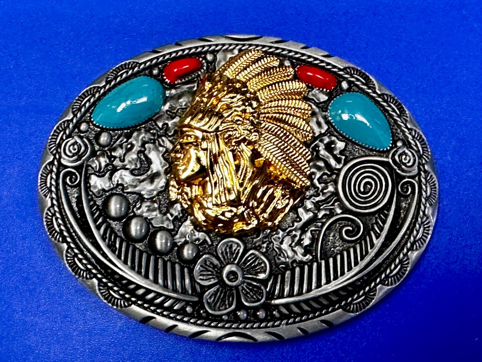 Native American Indian Chief in Head Dress Faux Turquoise & Coral Belt Buckle