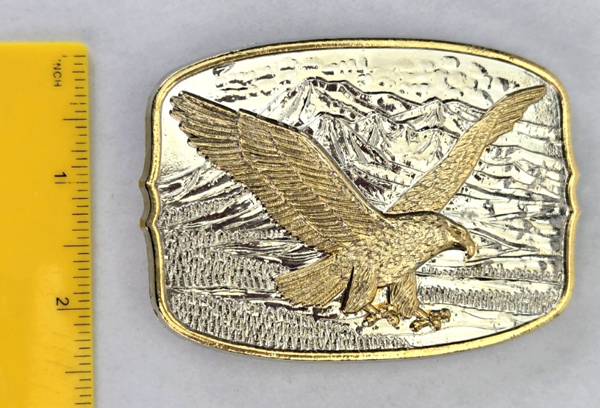 American Bald Eagle on Mountains Belt Buckle – Silver & Gold Plate 1982