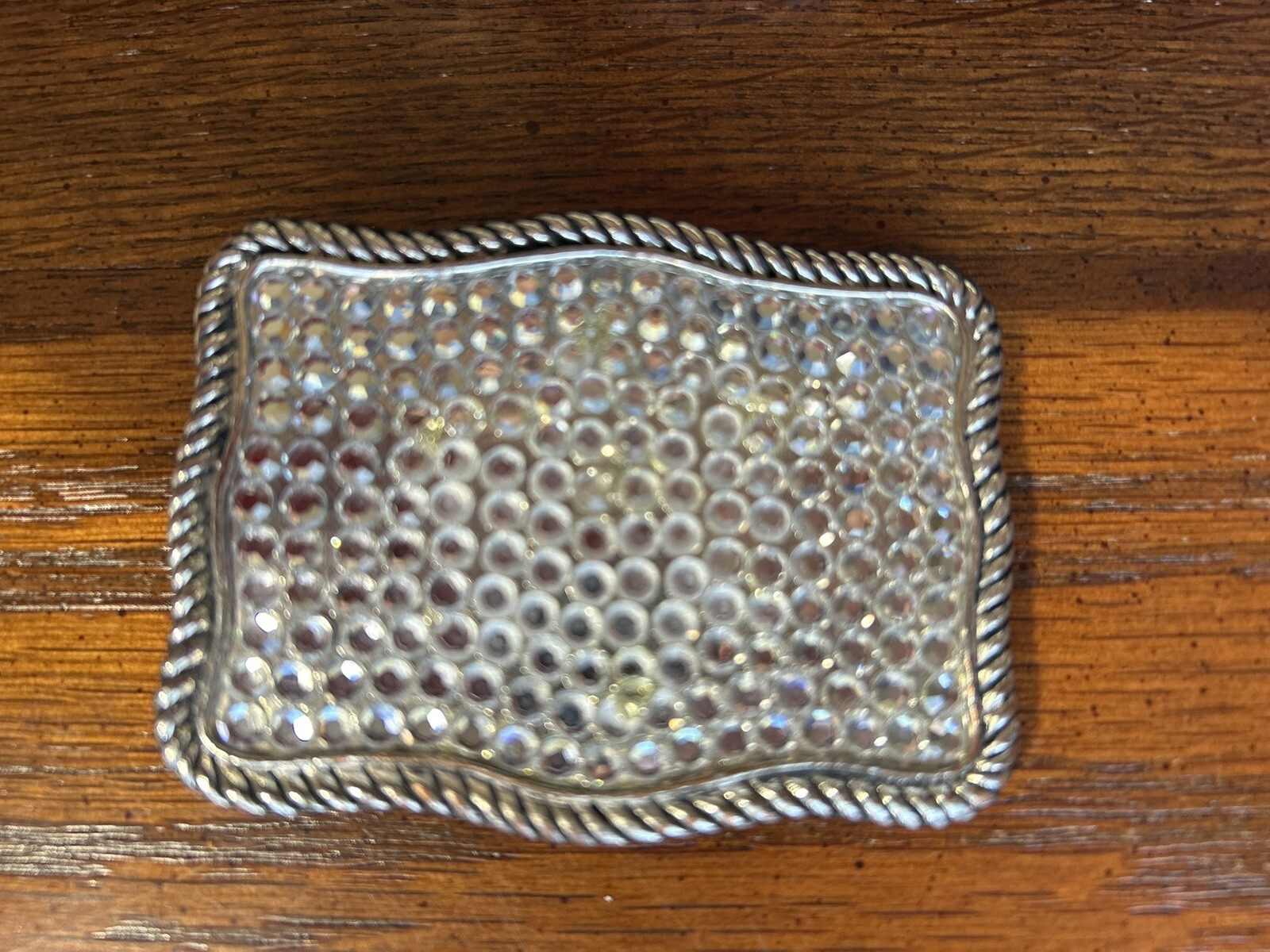 Belt Buckle. Clear Crystals With Wavy Rope Border. 3” X 2 1/4”