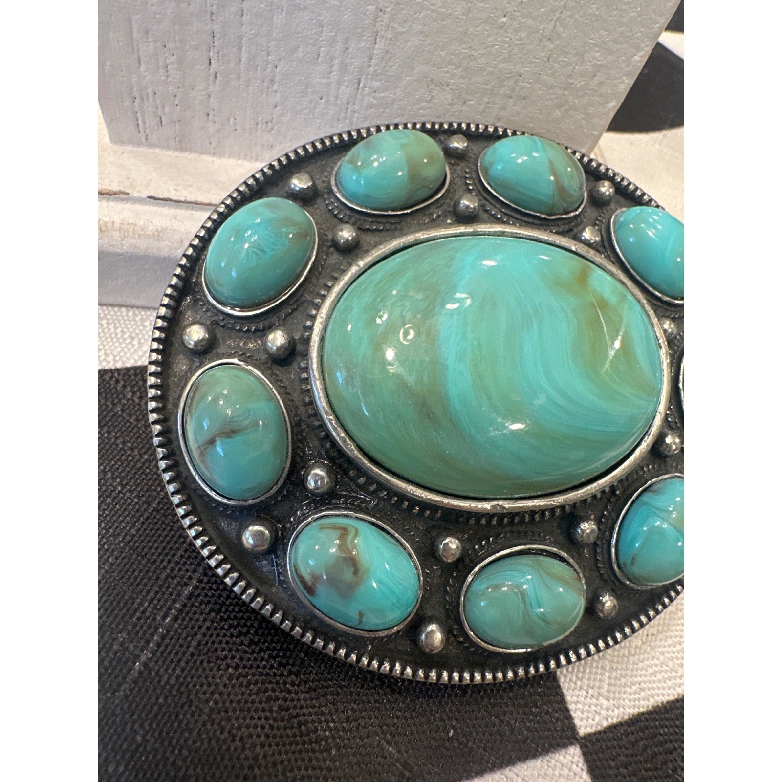 Vintage Western Faux Turquoise Silver Tone Oval Belt Buckle cowboy Boho