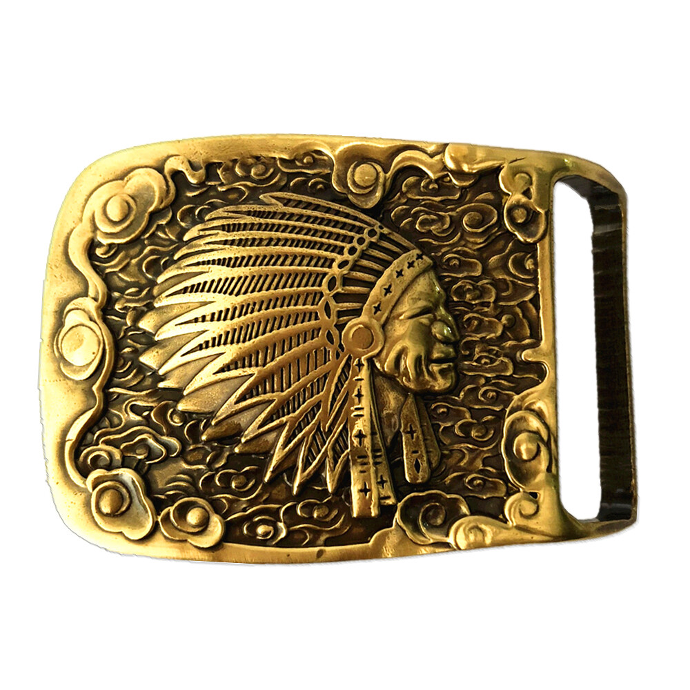 Indian Head Belt Buckle Solid Brass Shiny Vintage Antique Western Cowboy Boucle