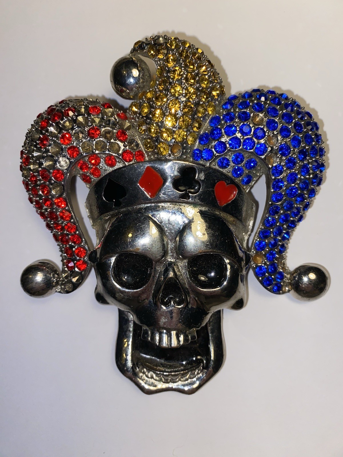 Iced Bling Skull Jester Belt Buckle Rhinestone Encrusted Jester Hat By FL&B.