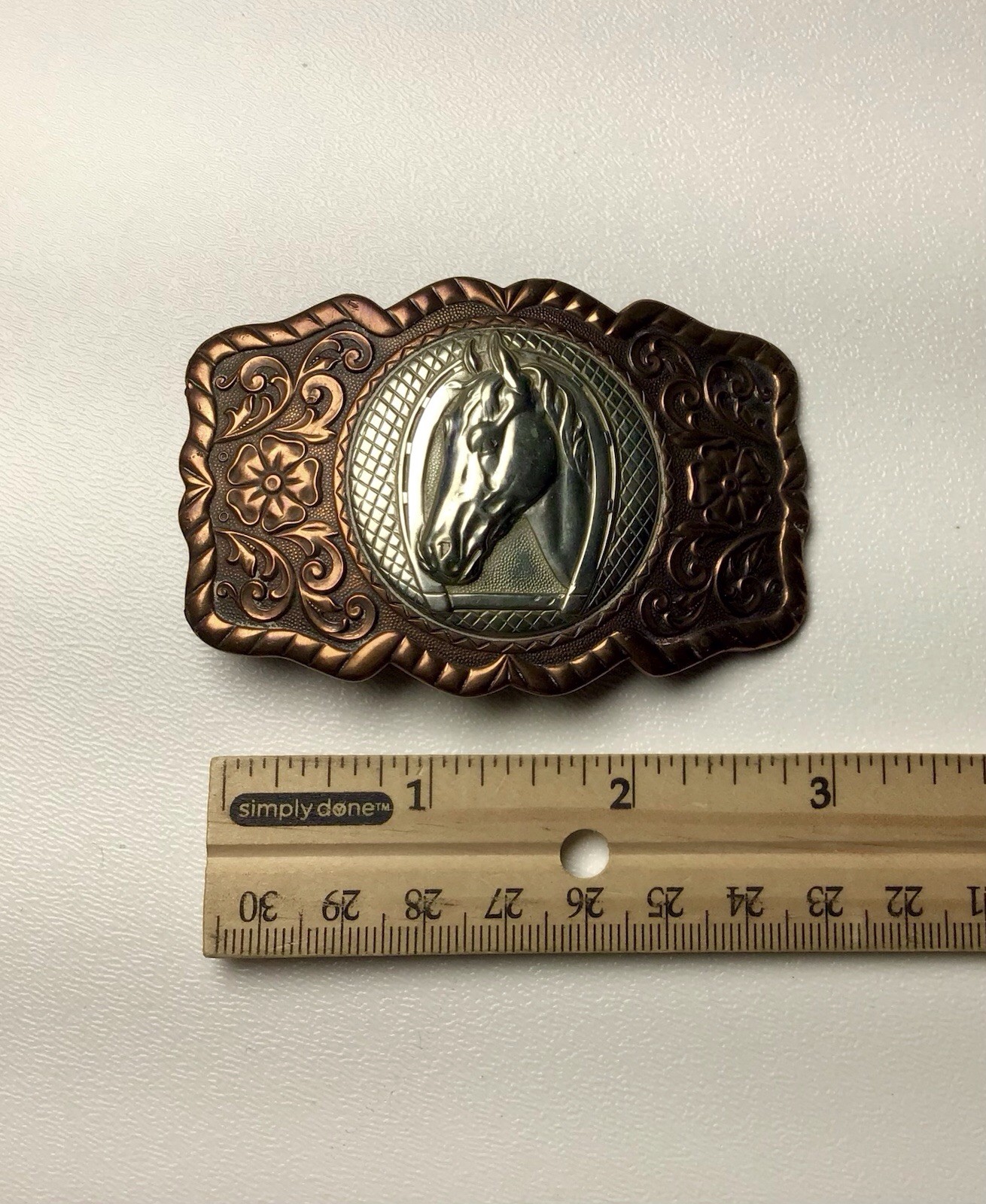 Vintage Belt Buckle Horse Copper Silver Tone Western Horseshoe Ranch Country