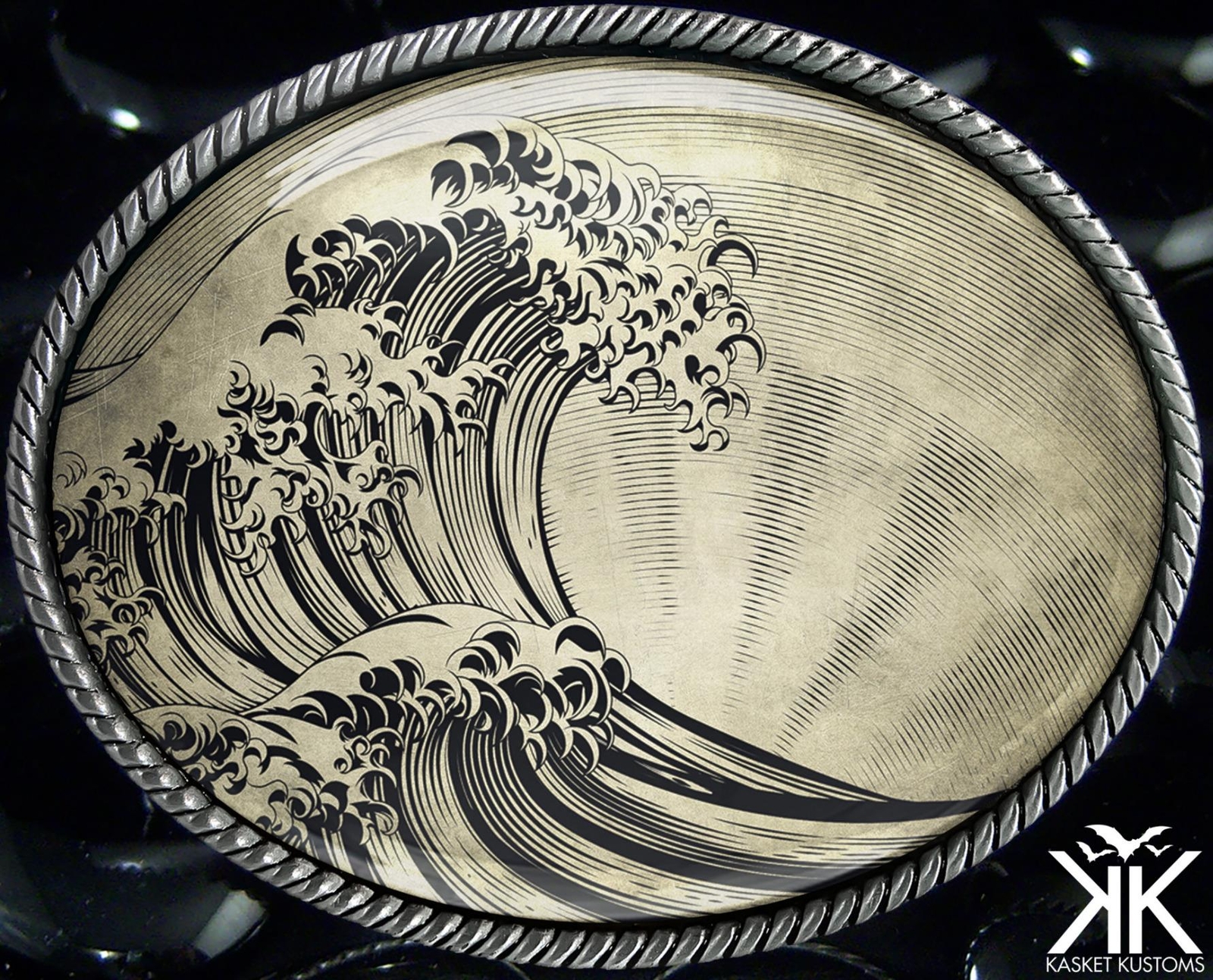 Tsunami Belt Buckle – Kanagawa Wave Japanese Art Handmade Oval Buckle – 504