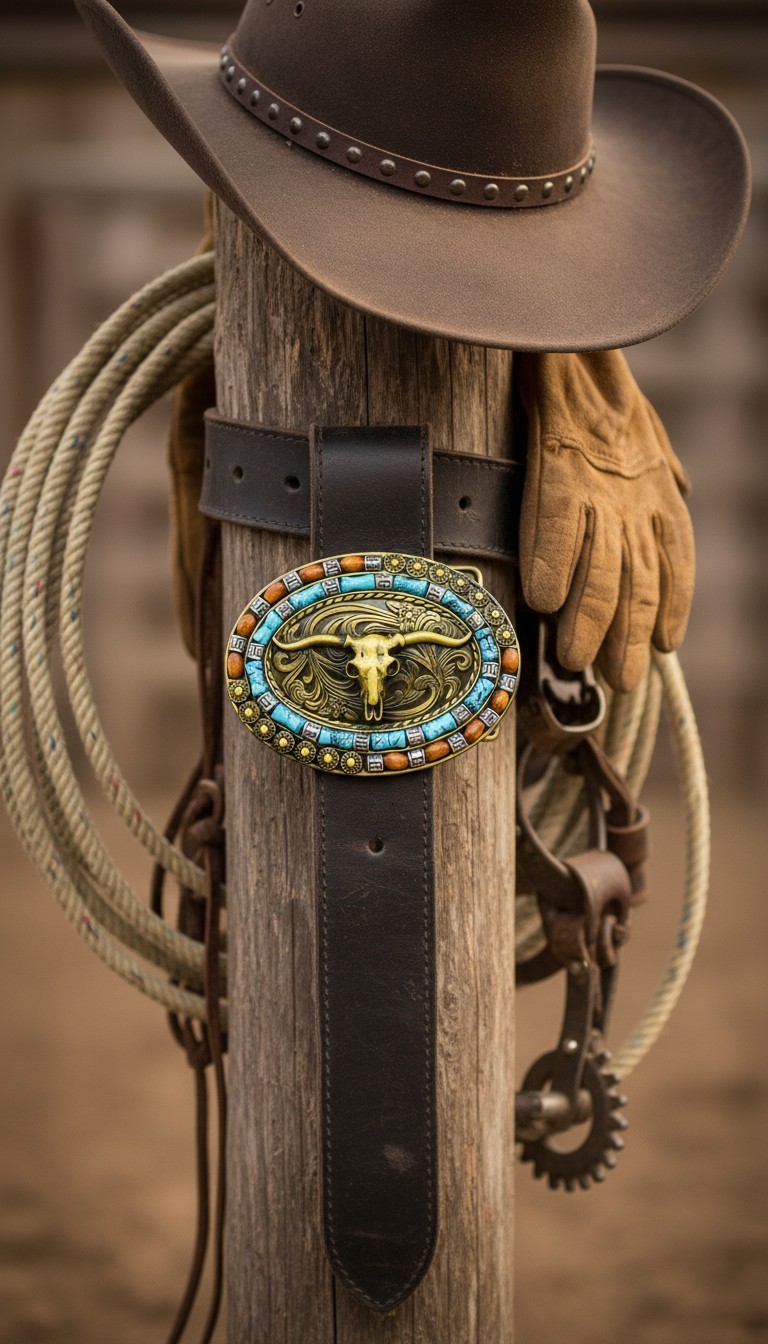 New Men Women Rusty Gold Metal Buckle Western Fashion Bull Long Horns Cow Texas