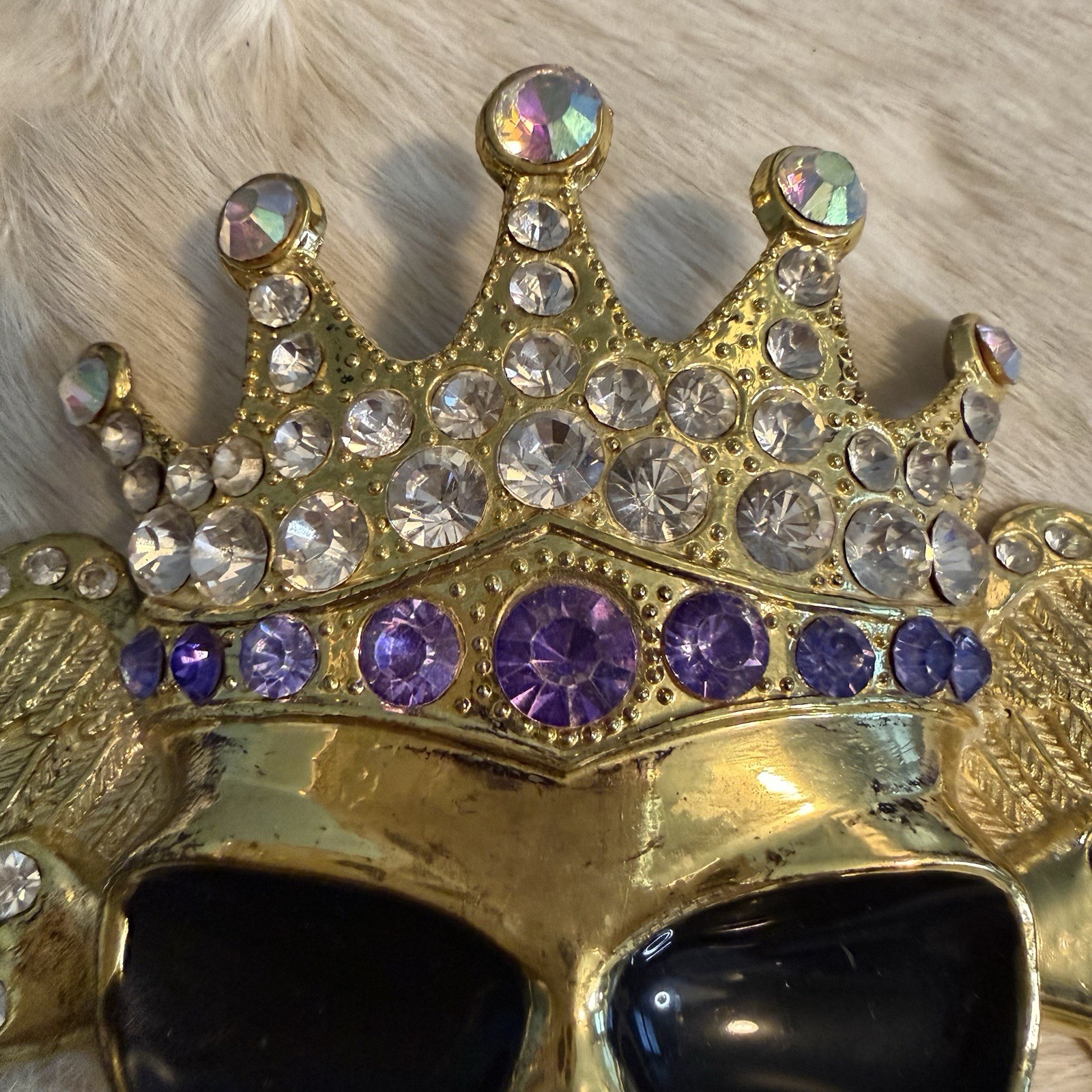 Bling Goldtone Covered Skull Belt Buckle in Clear & Purple Rhinestones