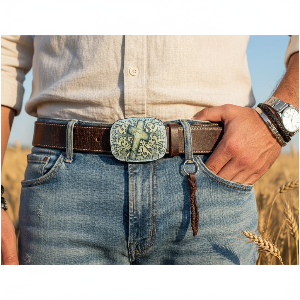 Men Women Belt Buckle Black Faux Leather Religious Cross Western Weekend Style
