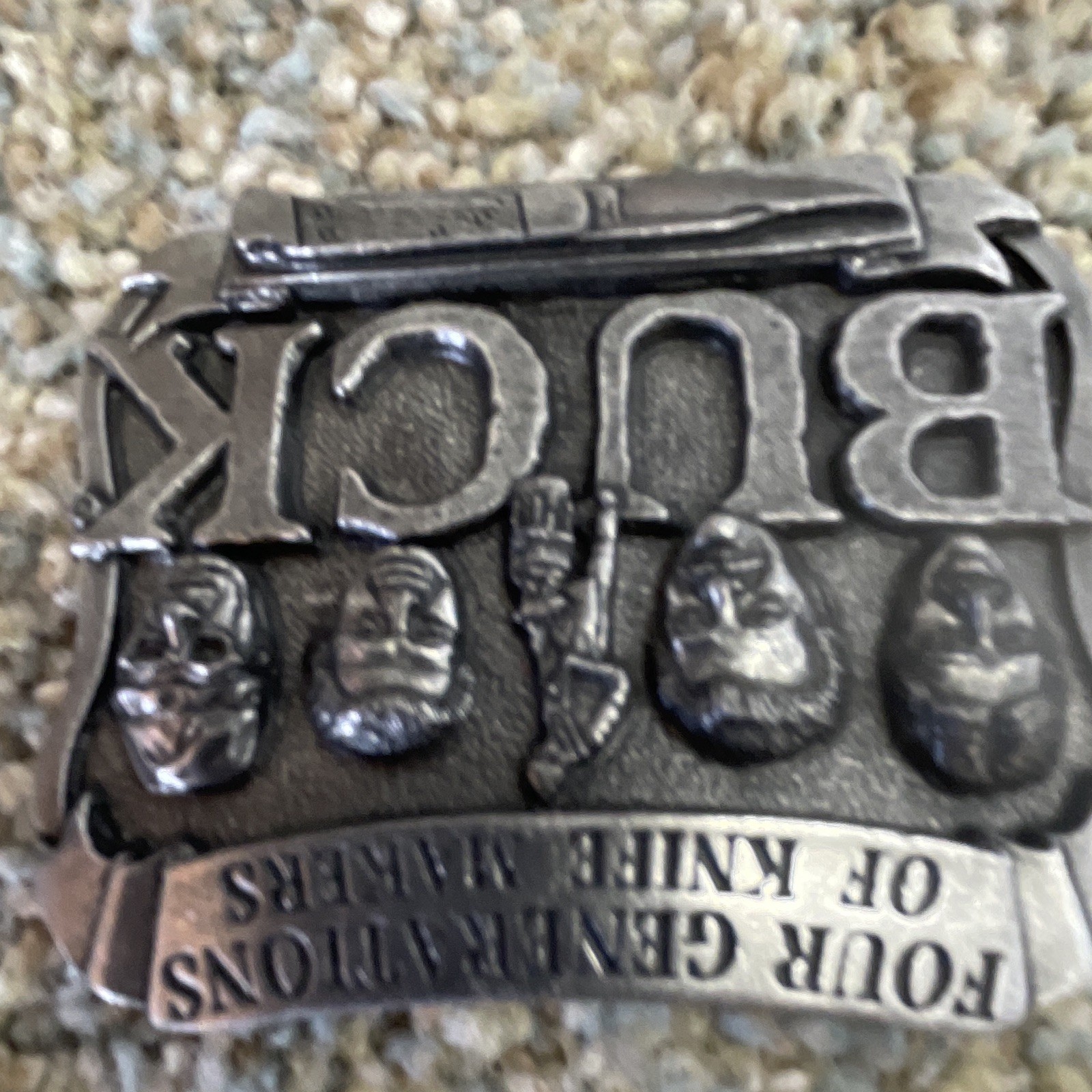 Buck Knives Metal Belt Buckle Silver Western 1.5in « Four Generations » Text