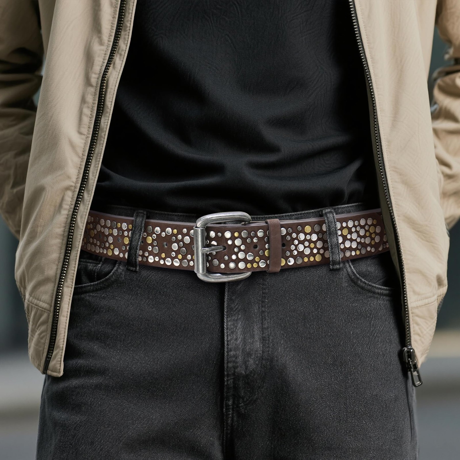 CHXRRPGC Rivet Studded Belt for Men, 40 (Fit Waist 37&Prime;-40&Prime;), Coffee-golden
