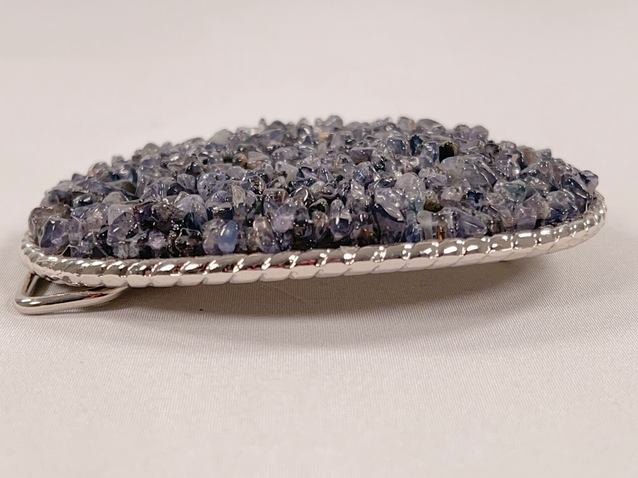 Handmade Oval Silver-Tone Belt Buckle with Iolite Gemstone Bead Inlay – Western