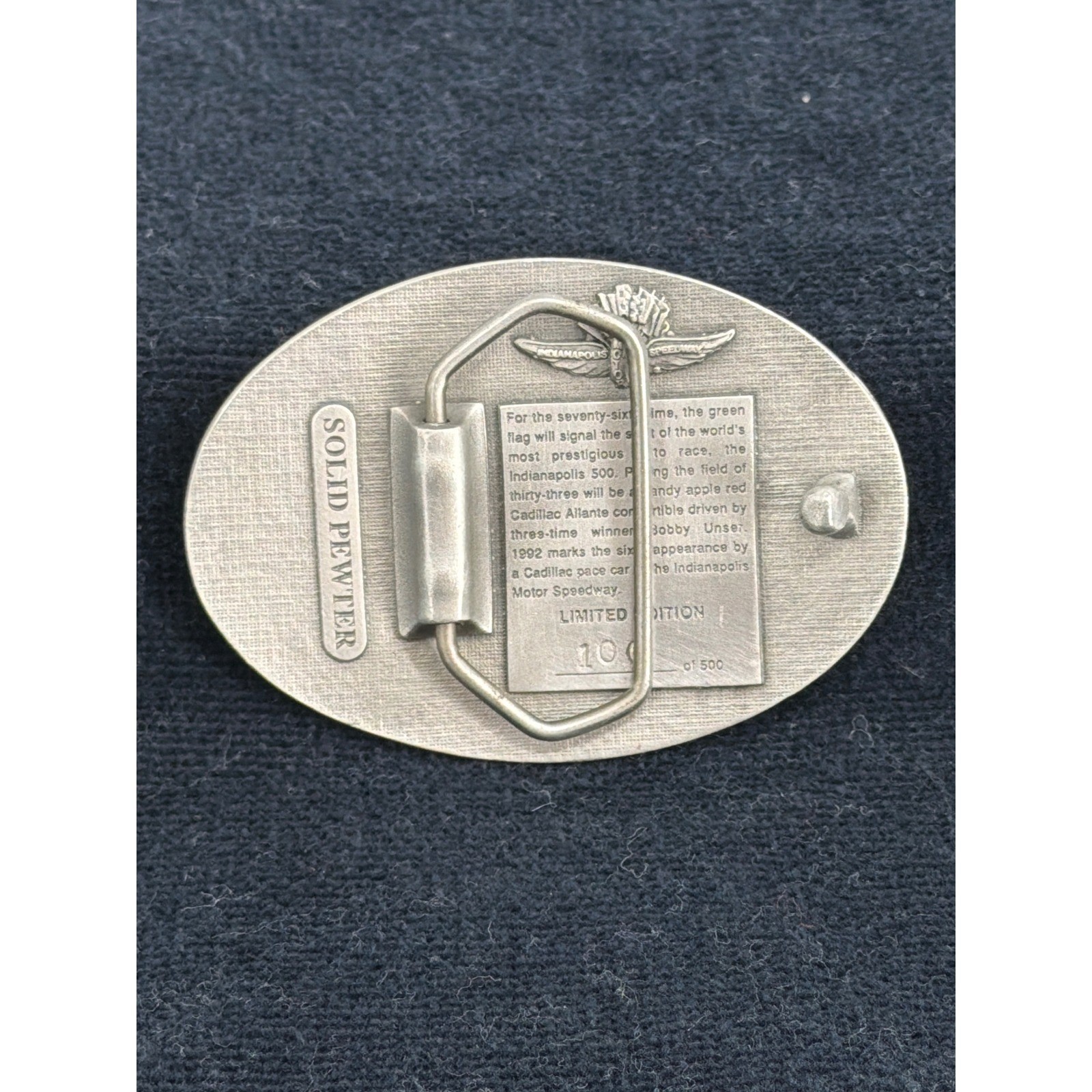 1992 Indianapolis 500 Belt Buckle Solid Pewter Limited Edition Cadillac 100/500