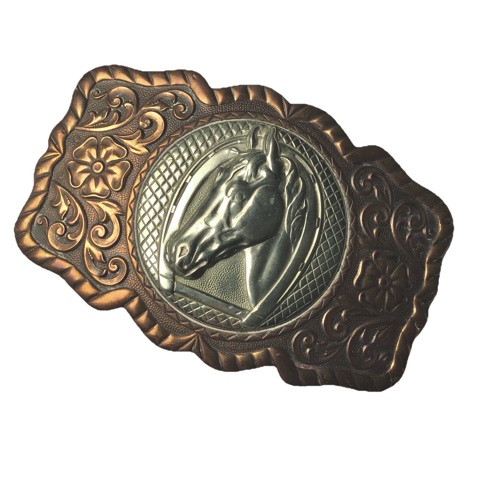 Vintage Belt Buckle Horse Copper Silver Tone Western Horseshoe Ranch Country