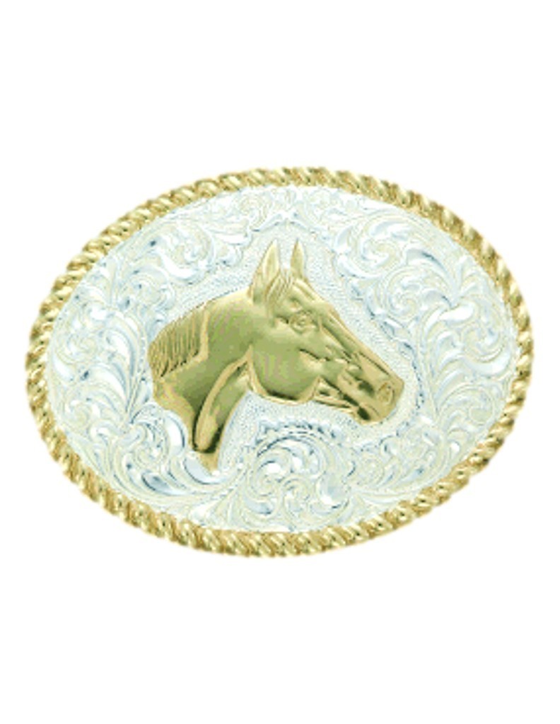 Crumrine Western Belt Buckle Horse Head Scrolling Silver Bronze C01168
