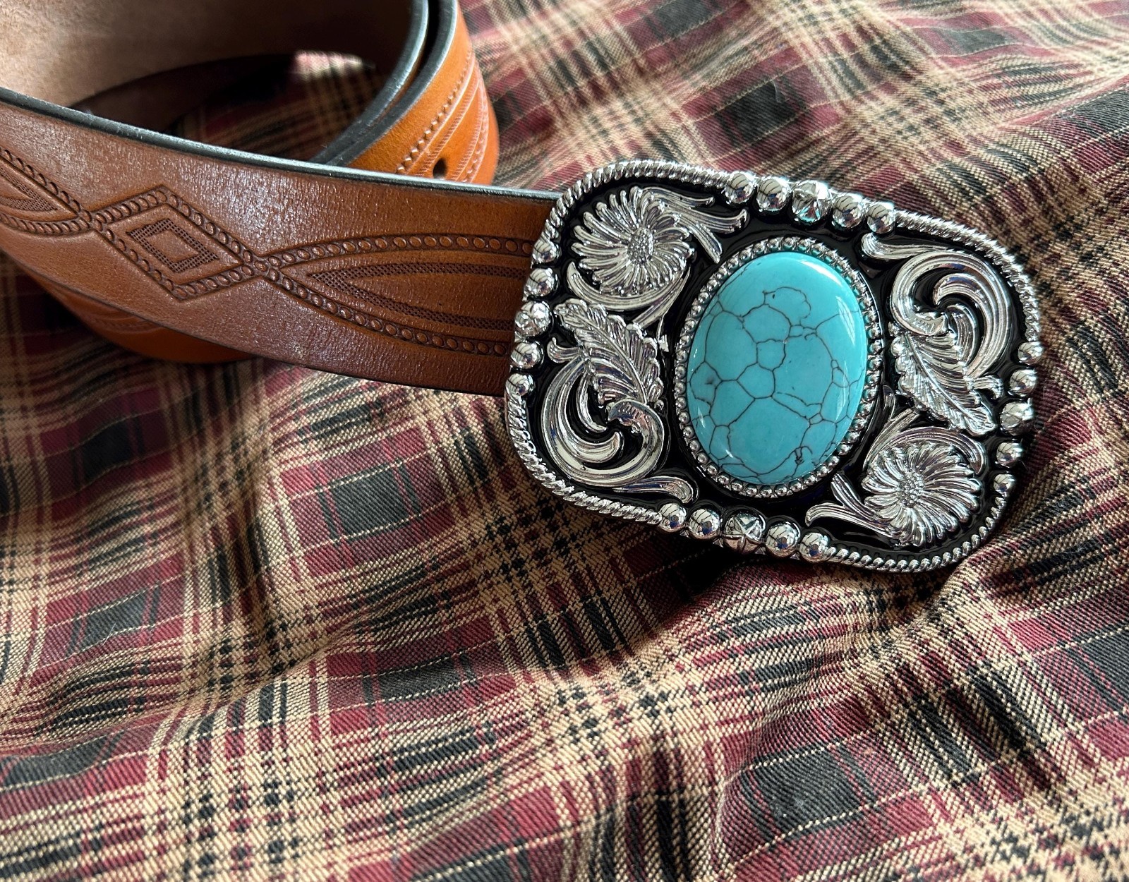 Silver Floral Western Belt Buckle Teal Stone Agate Cowboy Snap On 1.5in Strap