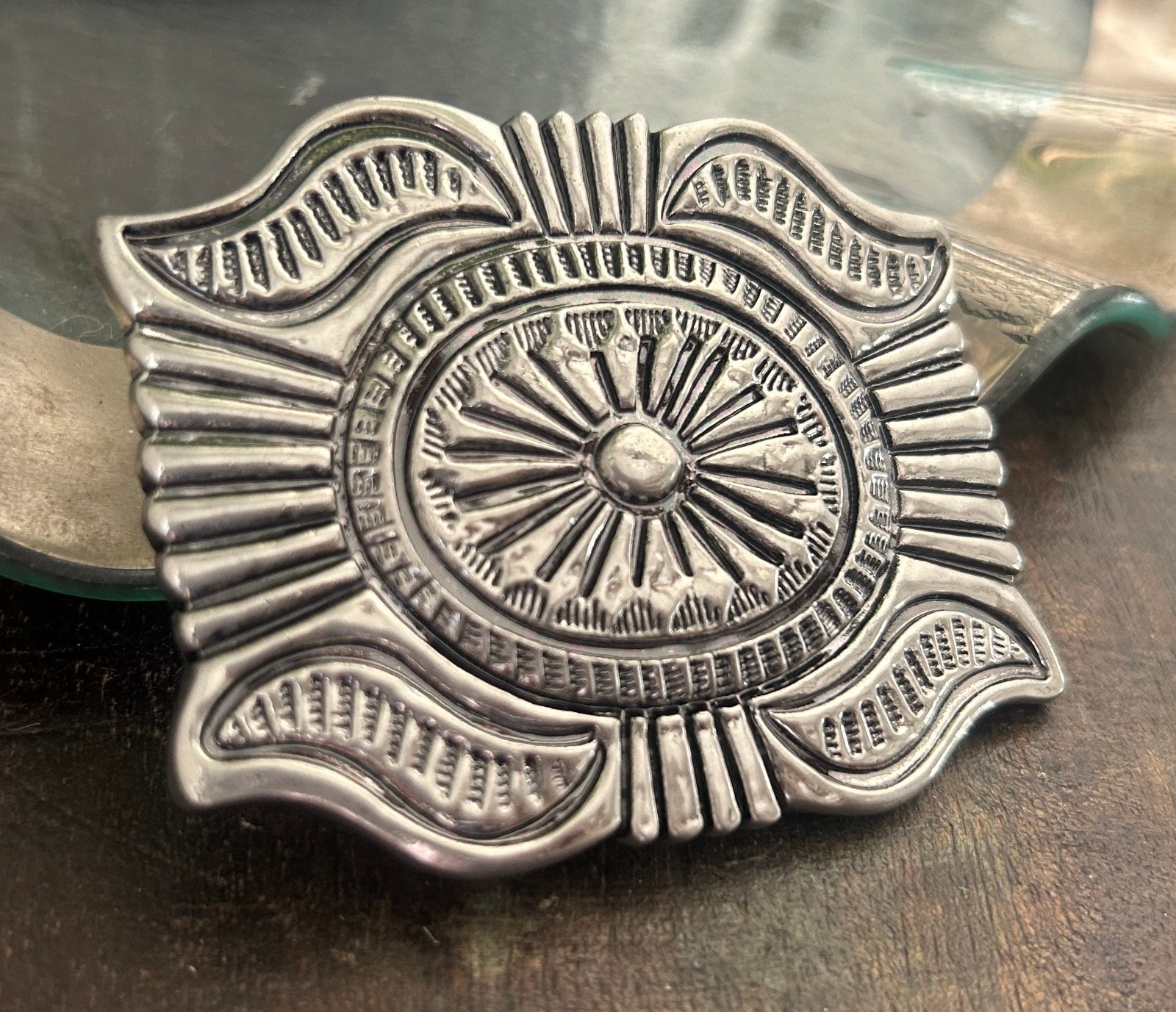 Western Silver Belt Buckle Concho Style Engraved Cowboy Rodeo Design