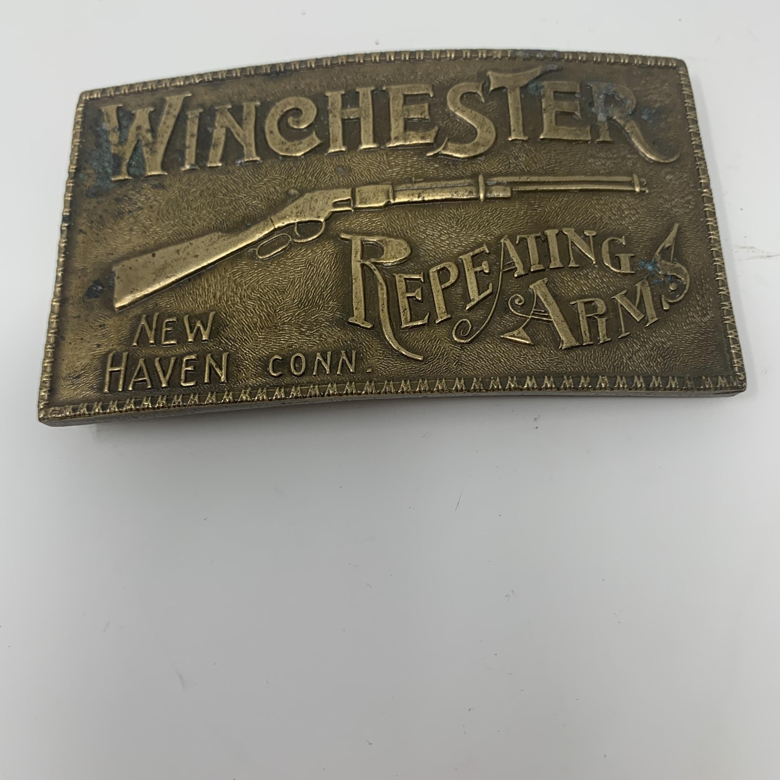 Vintage Winchester Repeating Arms Brass Belt Buckle Rifle New Haven CT Western