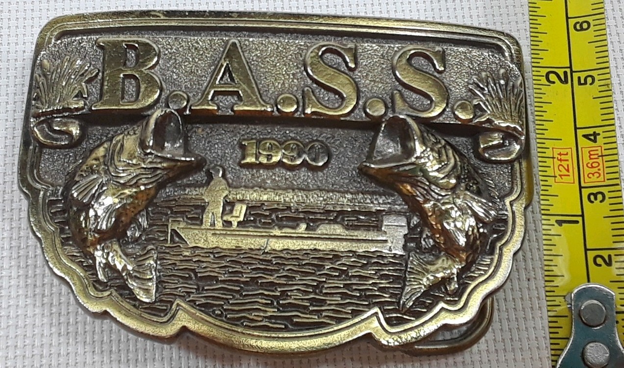 B.A.S.S. 1990 BRASS BELT BUCKLE 3-D Bass Lake Fishing Very Nice! Angler Proshop