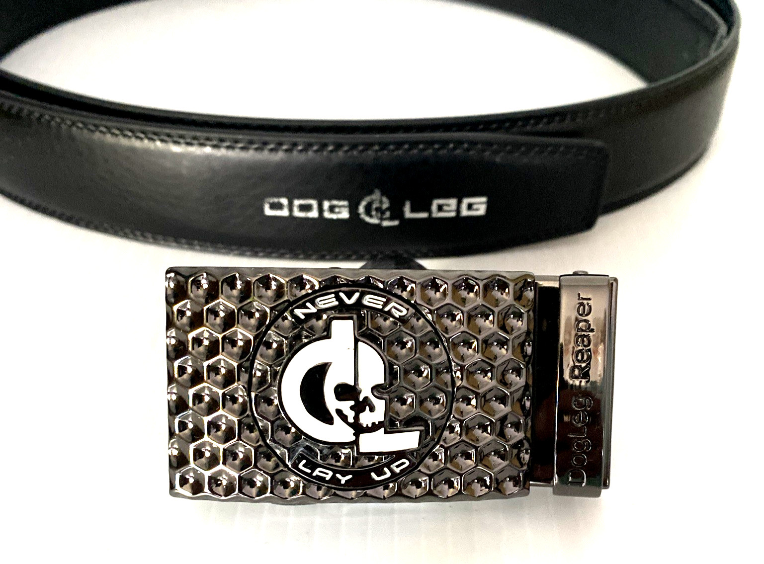 Golf Belt Leather w/Ratchet Buckle Removable Ball Marker Skull Reaper Black