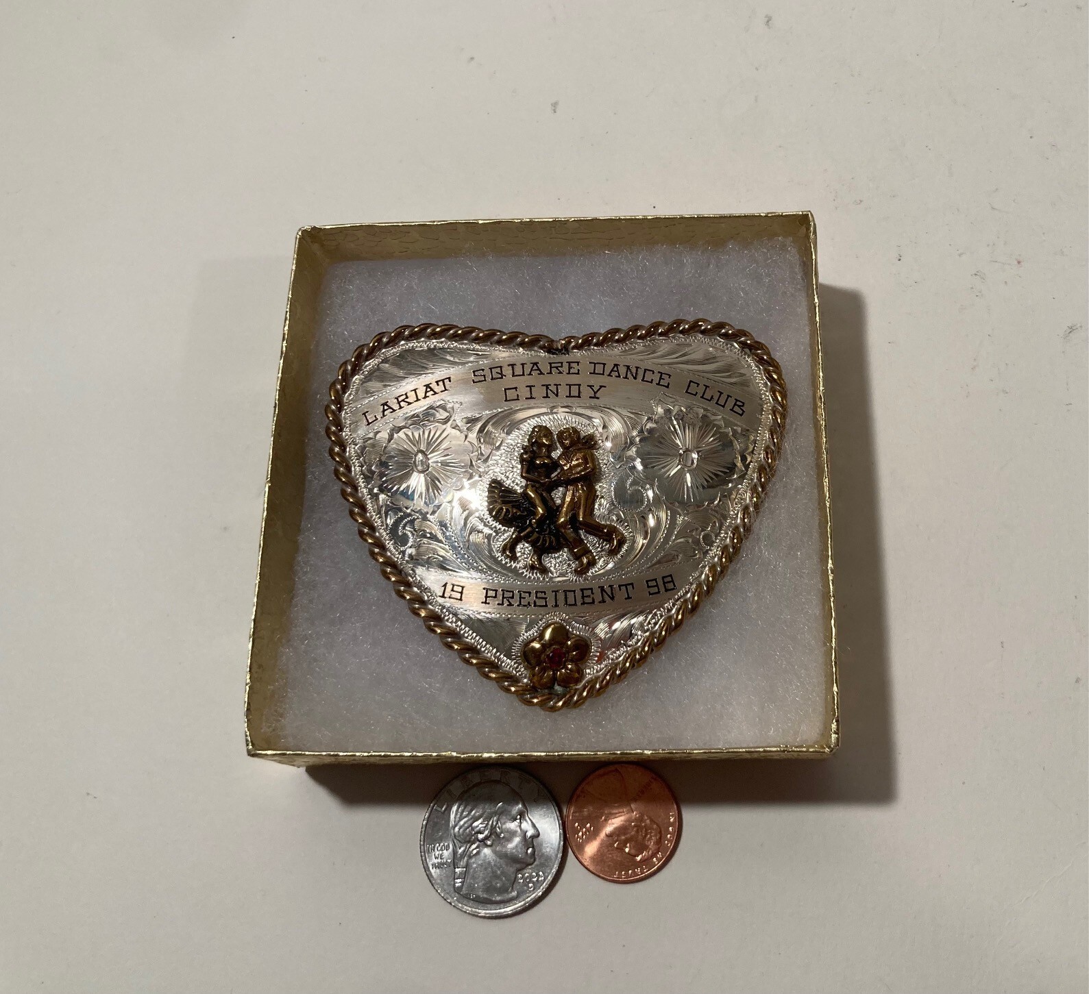 Vintage 1998 Metal Belt Buckle, Nice Silver and Brass, Red Stone, Heart Shape