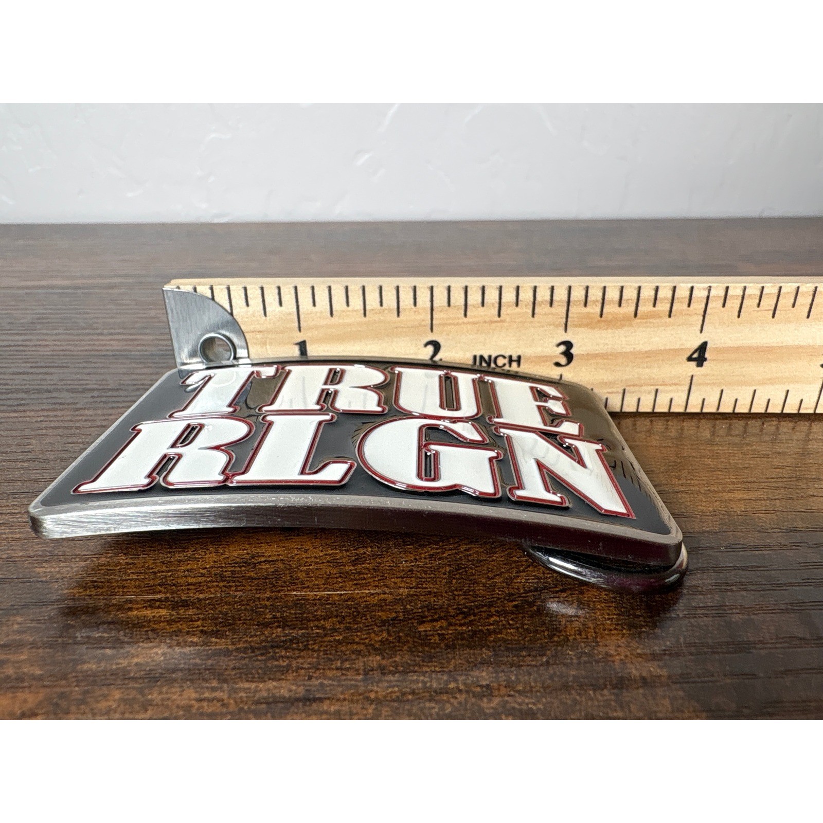 True Religion Mens Belt Buckle Silver Black Red White TRUE RLGN Logo Rectangular
