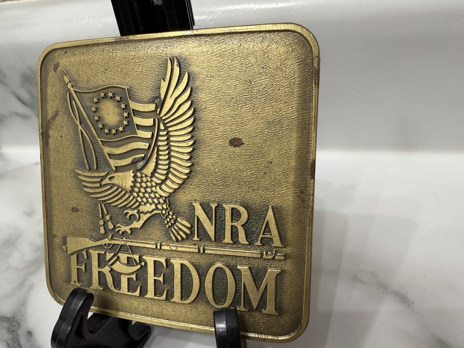 NRA National Riffle Association Freedom Flag Eagles 3&Prime; Bicentennial Belt Buckle