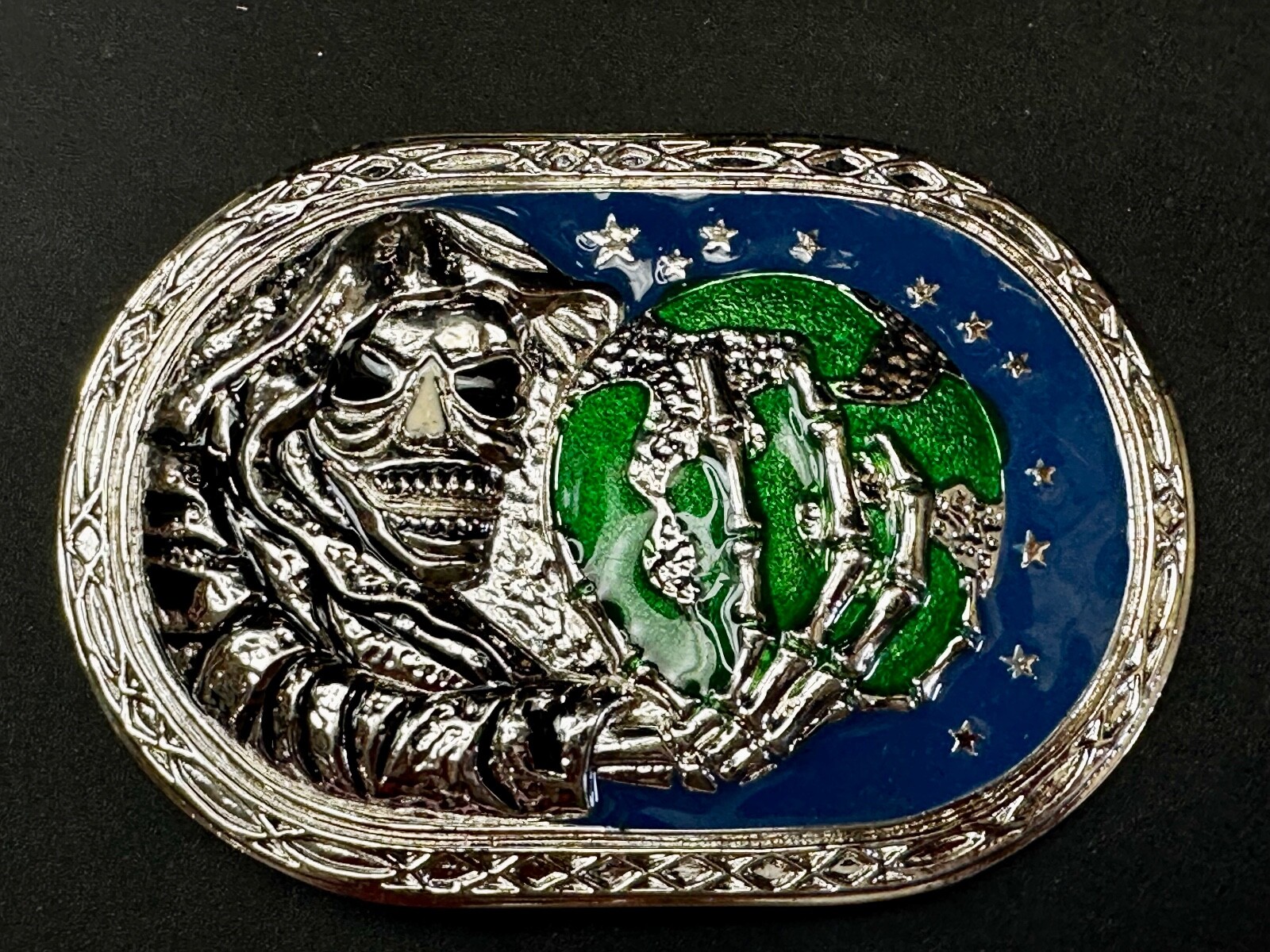 Skull Face Holding The Earth Grim Reaper Silver Green Gothic Biker Belt Buckle