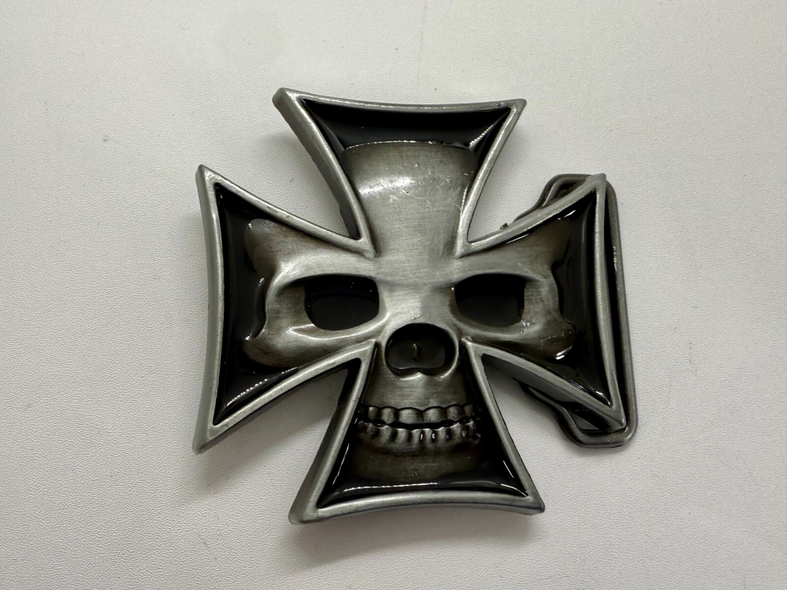 Maltese Iron Cross with Skull Reflective Cutout Gothic Punk Vibe Belt Buckle